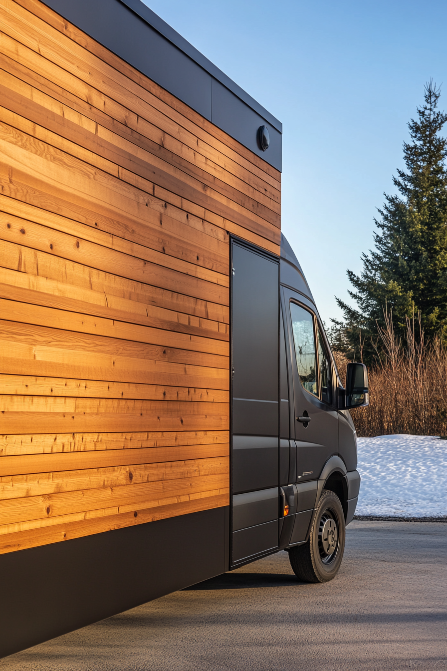 Sprinter 170. Cedar-lined walls, mountain ridge basecam, and black hardware detailing.