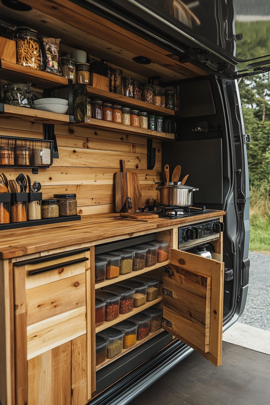 Mercedes Sprinter interior. Fold-down bamboo counters, vertical spice racks, beachside cooking setup.