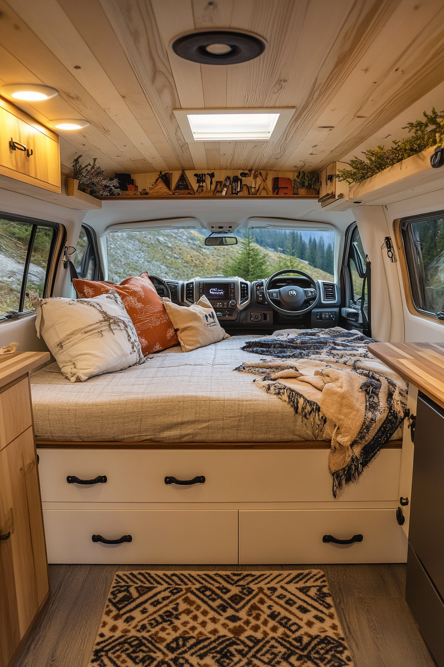 Dodge Ram Van interior. White oak cabinetry with mountain stream camp themed hidden pulls.