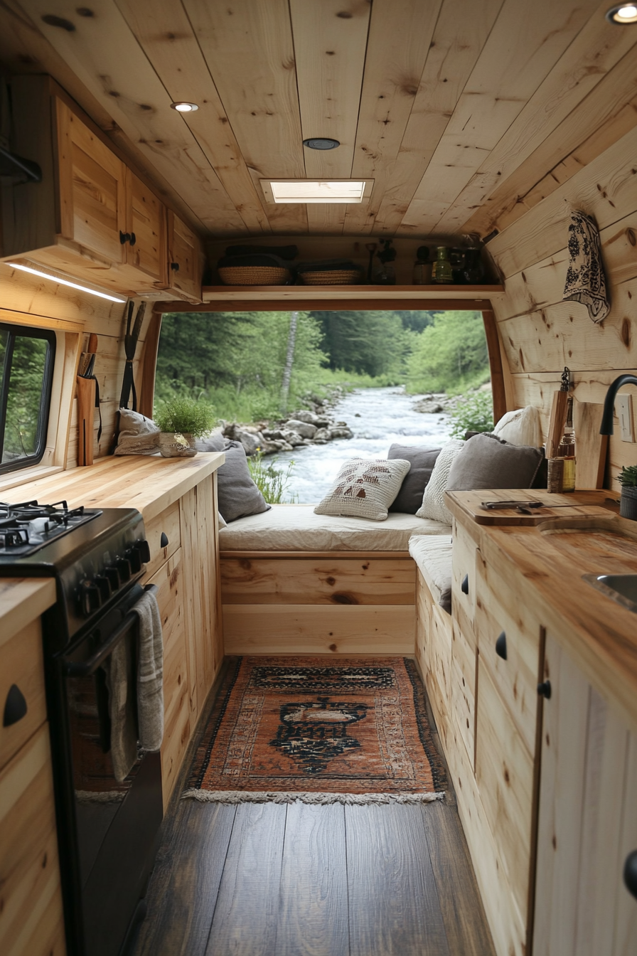 Dodge Ram Van interior. White oak cabinetry with hidden pulls overlooking a mountain stream camp.