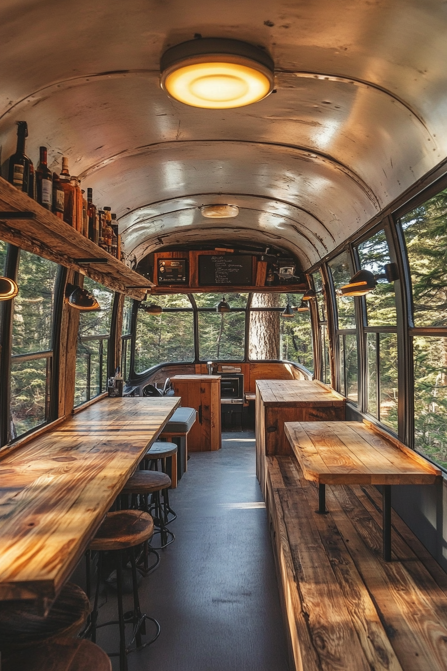 Short bus interior. Repurposed wood tables and charcoal steel frame, surrounded by pine trees.