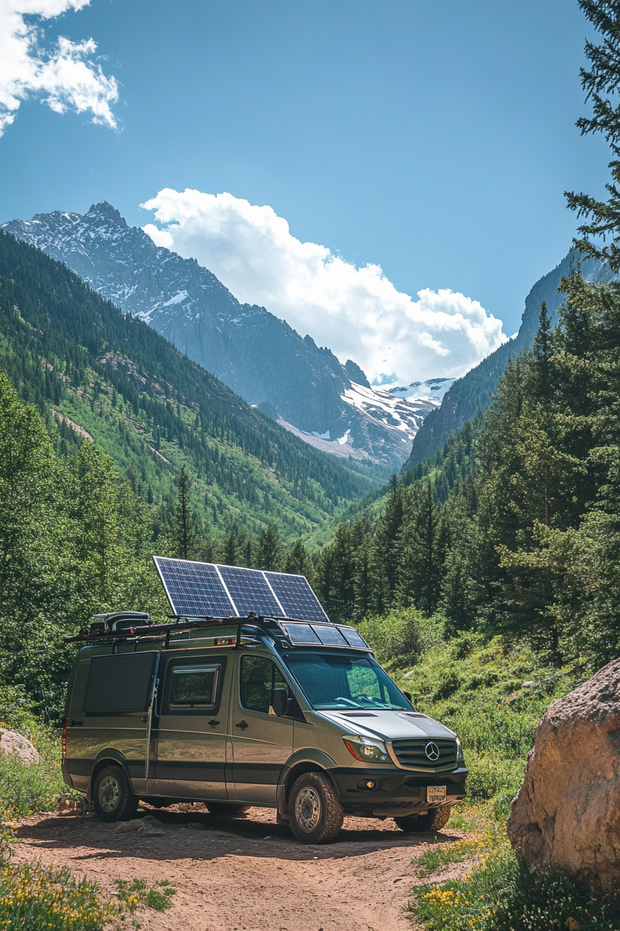 4x4 Sprinter. Solar system with water filtration located in an isolated mountainside spot.