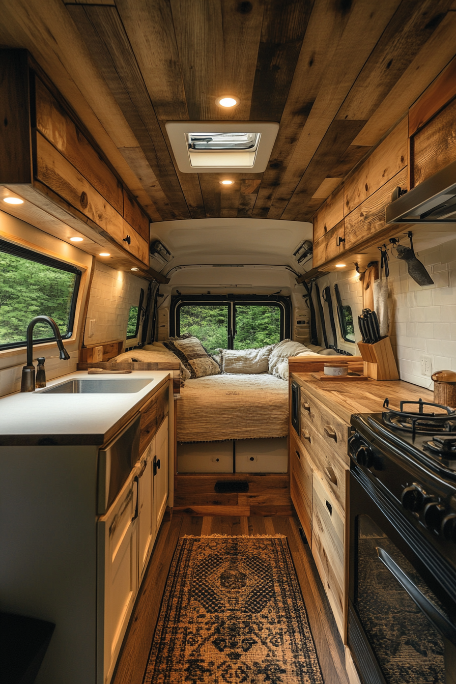 Dodge Ram Van. White oak cabinets, mountain stream camp, hidden pulls.