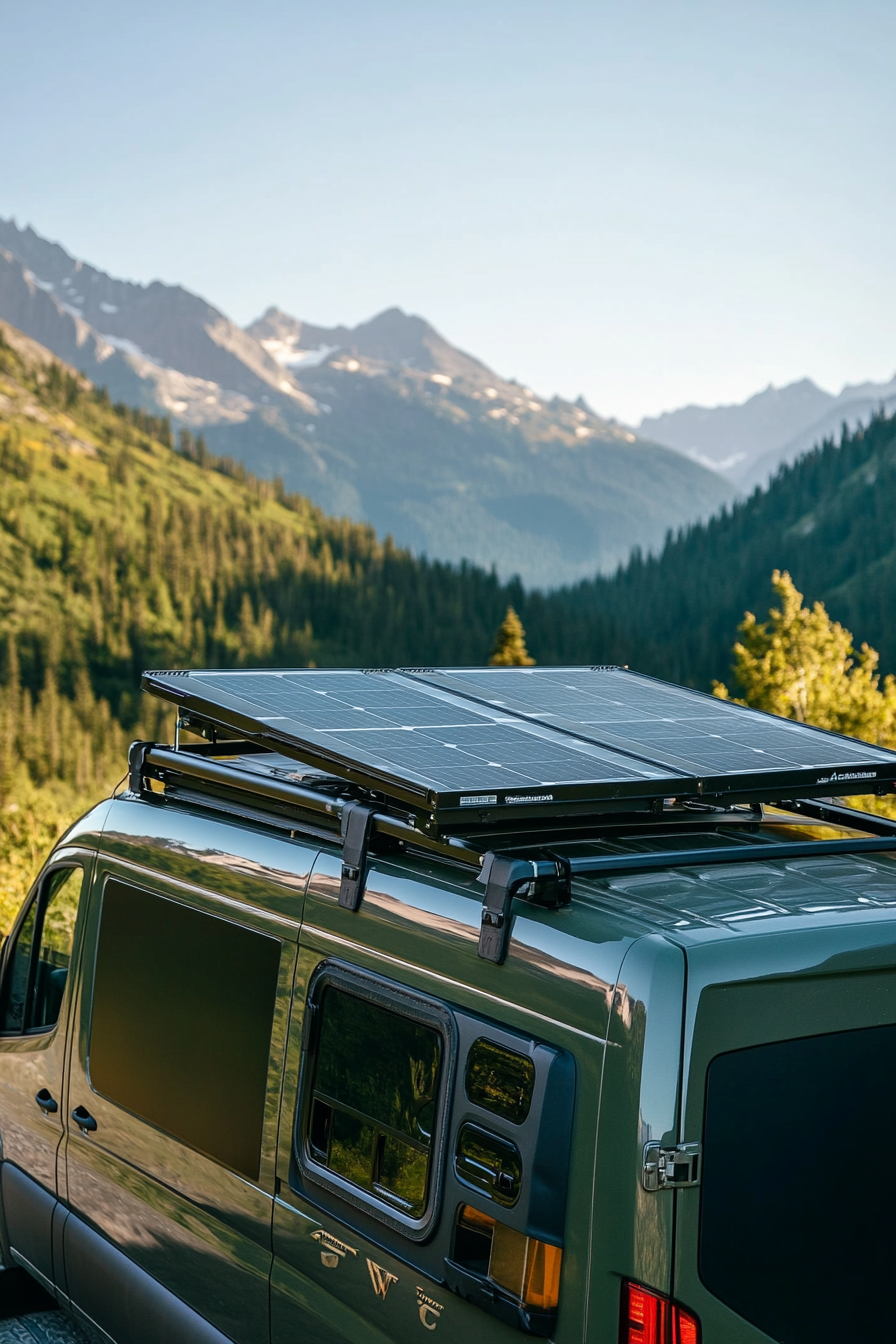 4x4 Sprinter setup. Solar panels on roof rack with mountain landscape.