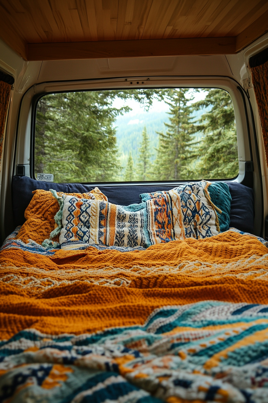 Ford Transit convertible bed-lounge. Amber woven textiles, surrounded by vibrant pine forest.