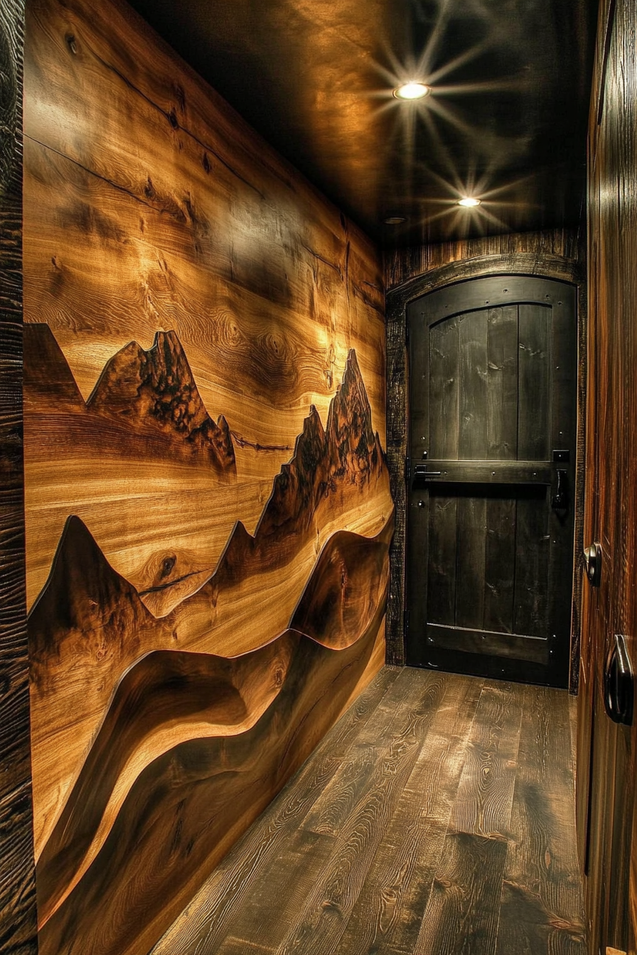 Sprinter 170 interior. Cedar-lined walls, black hardware, mountain ridge basecamp theme.