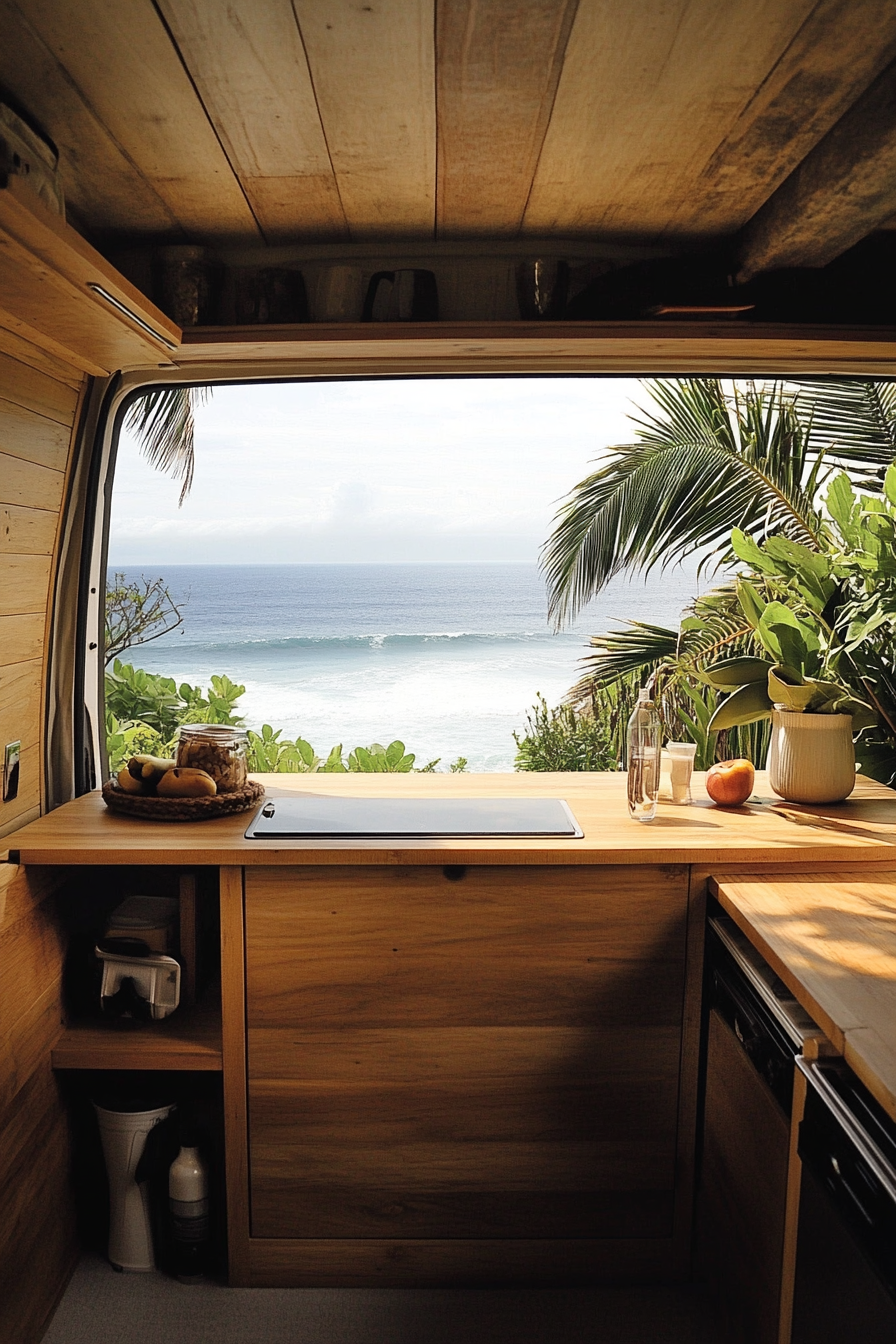 Mercedes Sprinter interior. Fold-down bamboo counter with coastal view.