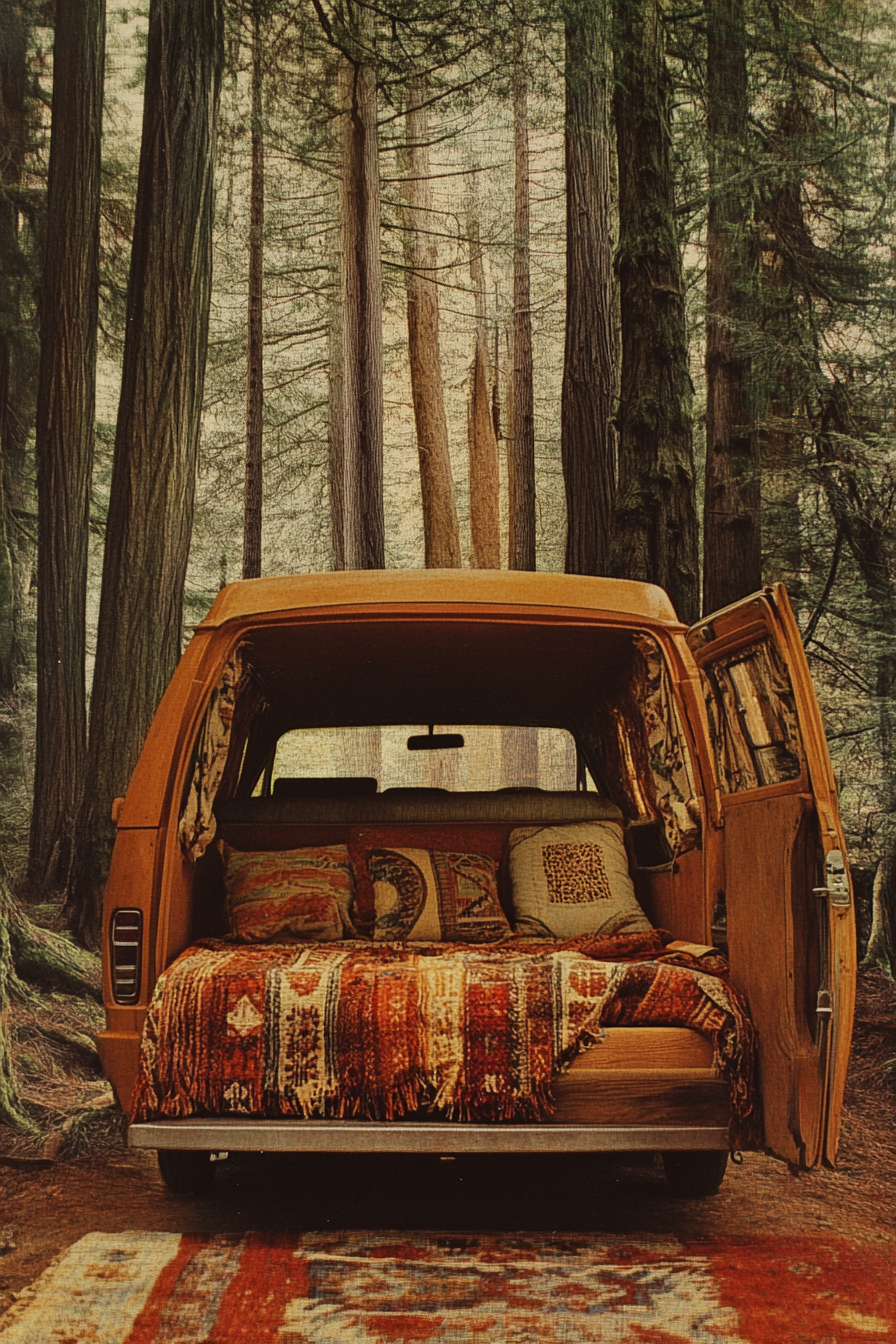 Ford Transit interior. Convertible bed-to-lounge, draped in woven textiles, surrounded by towering pines.