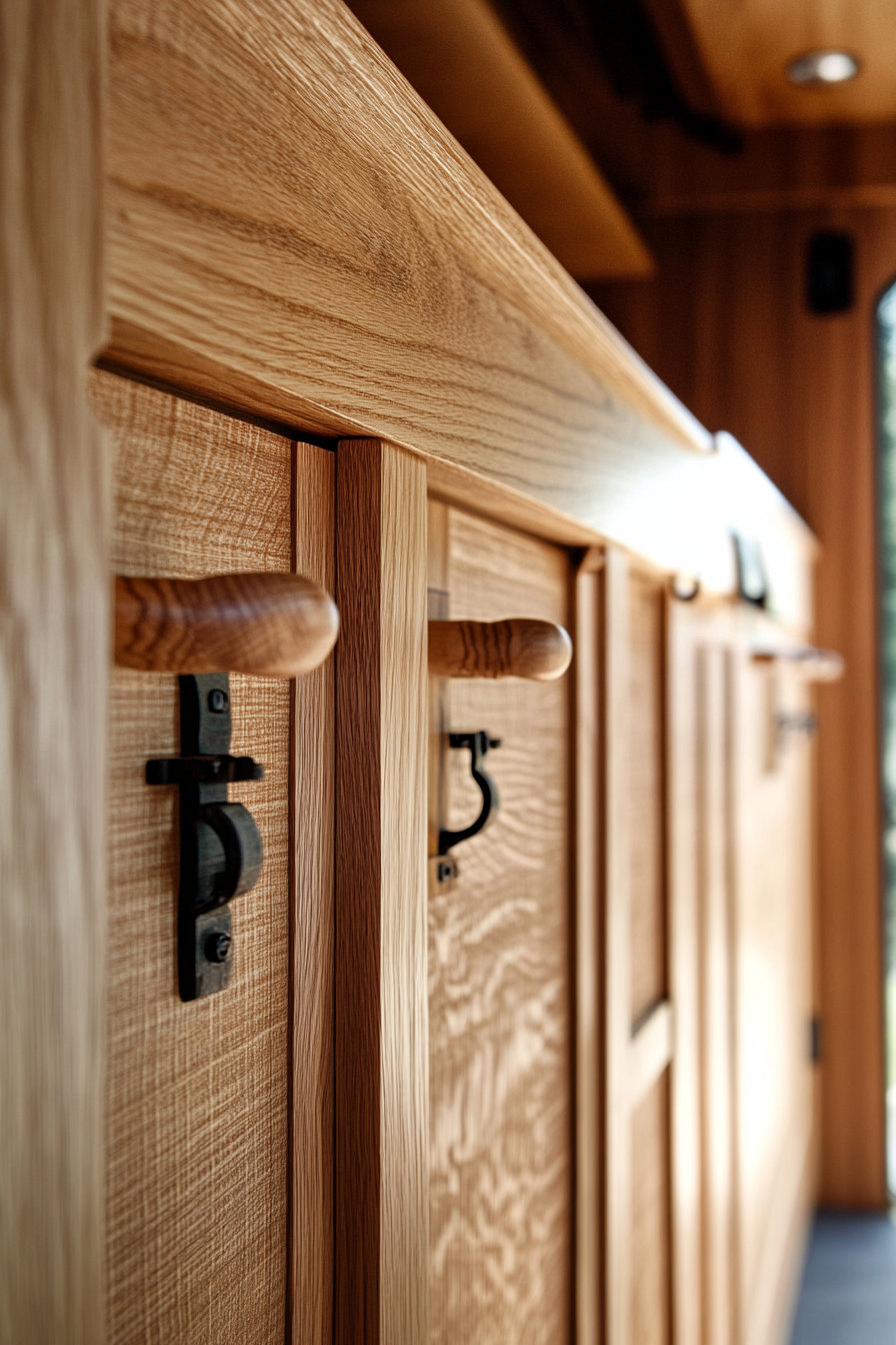 Dodge Ram Van interior. White oak cabinetry with hidden pulls by Mountain Stream Camp.