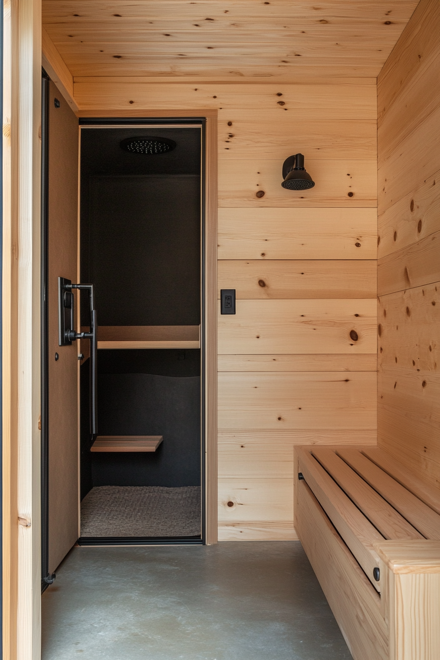 Sprinter 170 interior. Cedar-lined walls, black hardware, Mountain Ridge Basecamp.