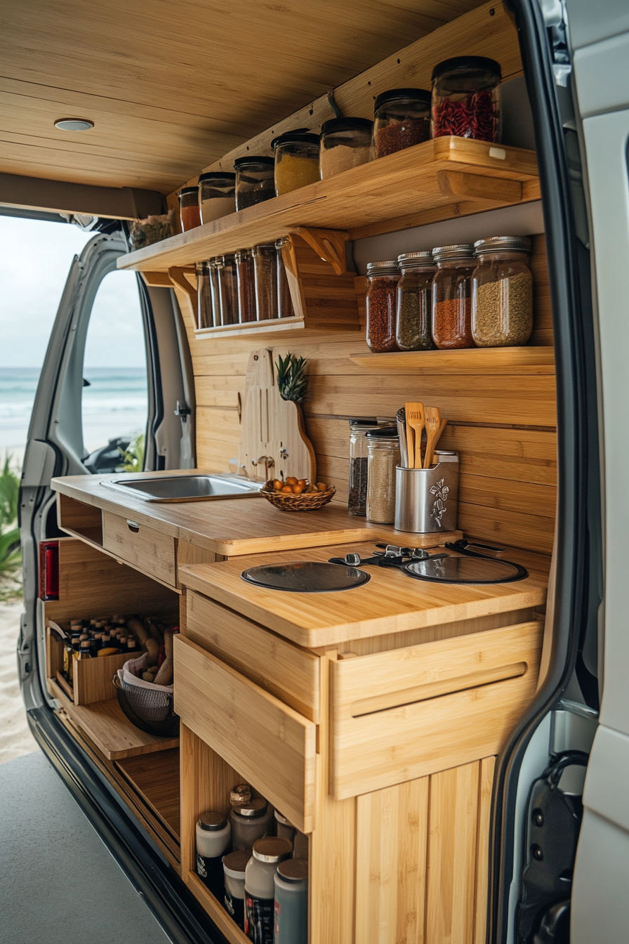 Mercedes Sprinter interior. Bamboo counter, vertical spice rack, beach backdrop.