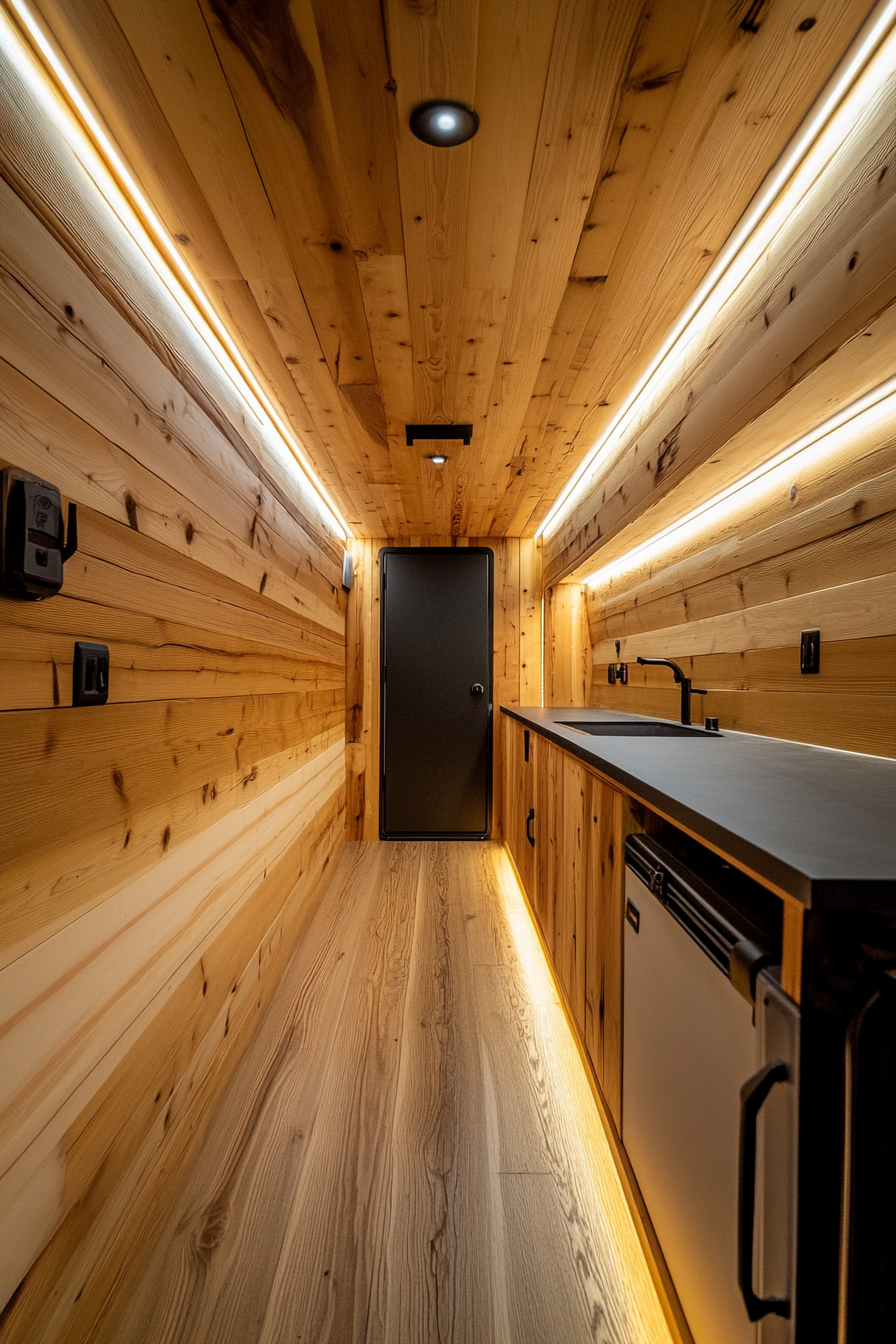 Sprinter 170. Cedar-lined walls with contrasting black hardware under soft mountain ridge illumination.