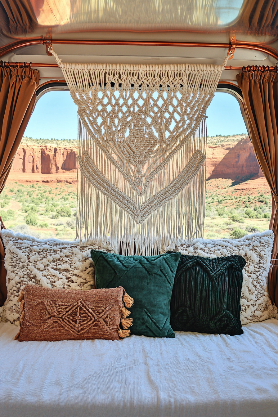 Pop-Up Camper. Macramé wall hanging, copper accents, red rock view.