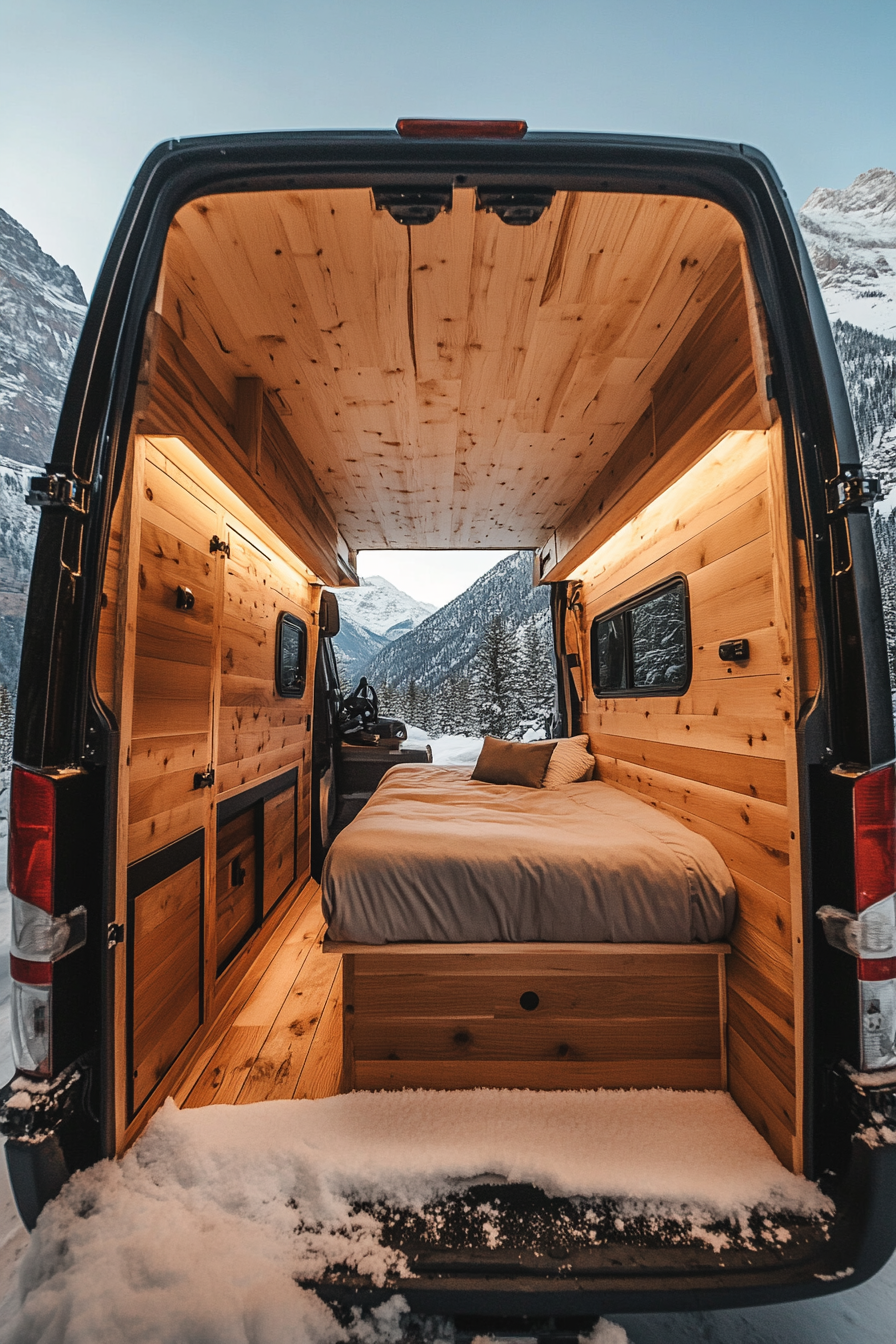 Sprinter 170. Cedar-lined walls, black hardware, situated amidst a mountainous backdrop.