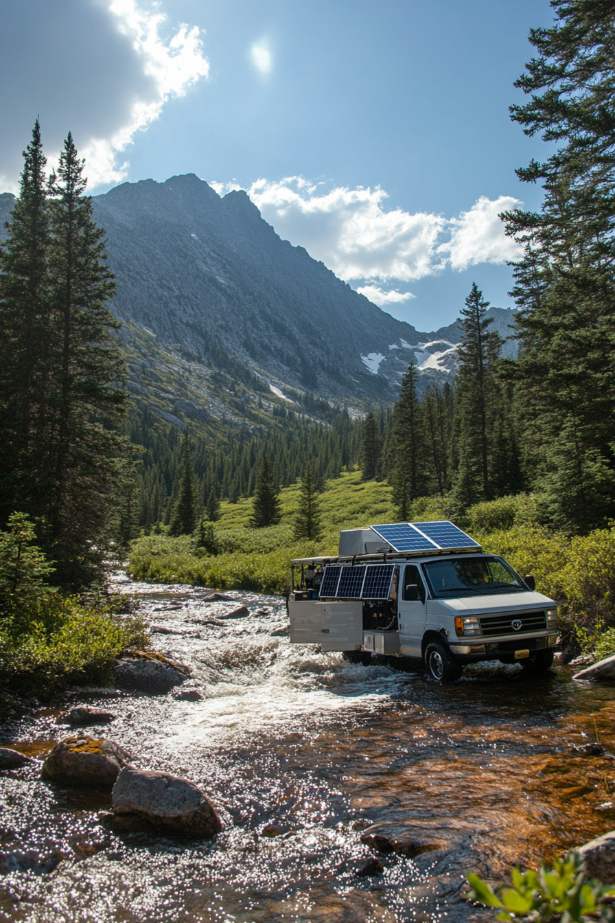 4x4 Sprinter. Solar-powered system, hidden water filtration, remote mountain location.