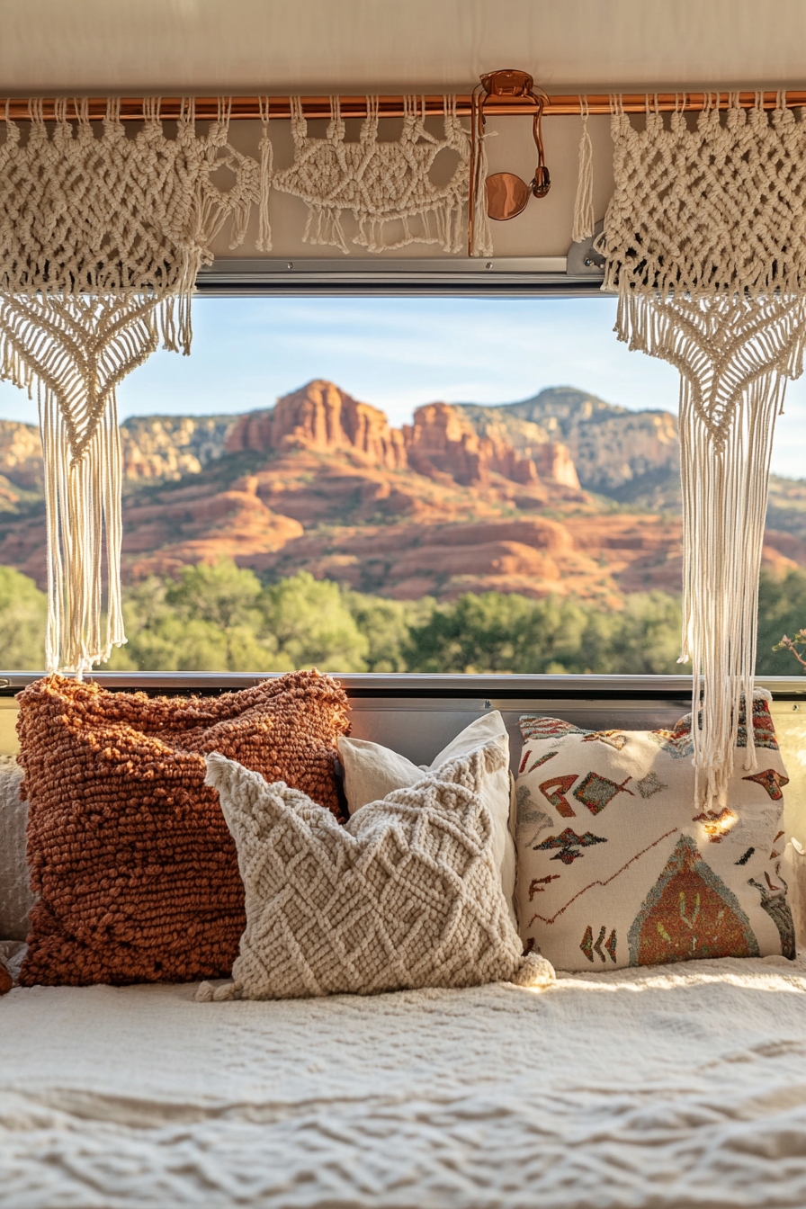 Pop-up camper interior. Macramé wall hanging, copper accents, viewing red rock scenery.