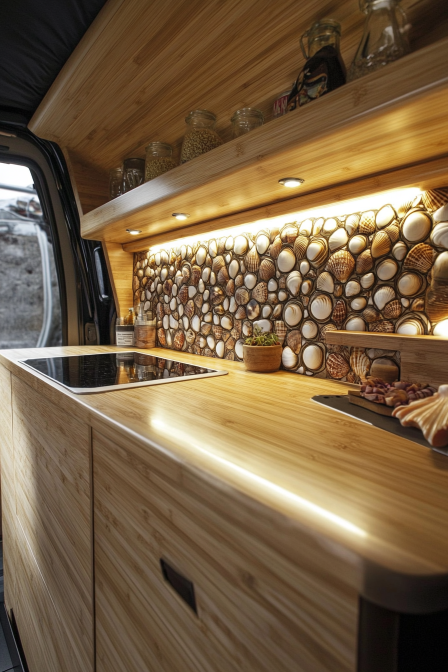 Mercedes Sprinter interior. Bamboo counter with seashell-patterned spice rack, backlight.