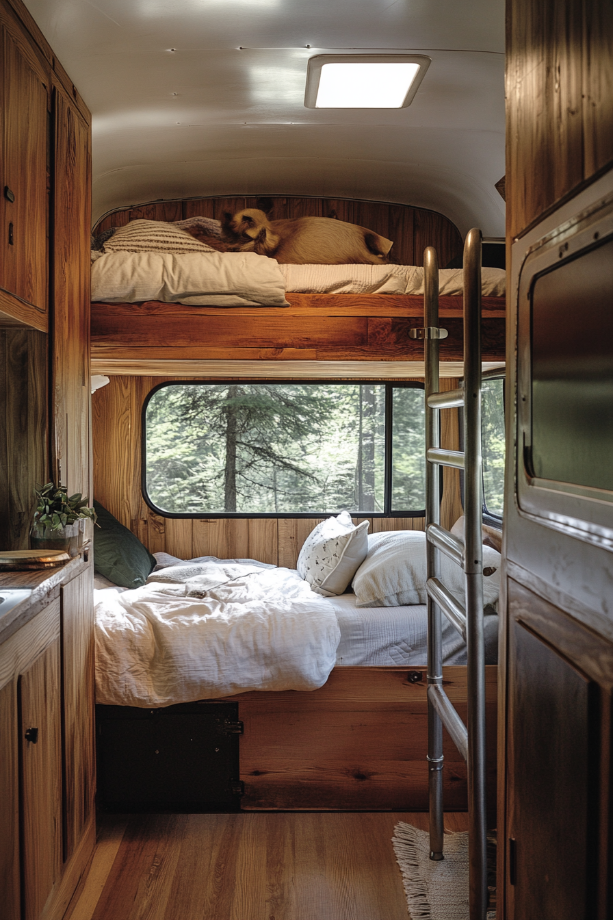 Short bus interior. Reclaimed walnut wood cabinets, steel-framed bunk bed, forest camping site.