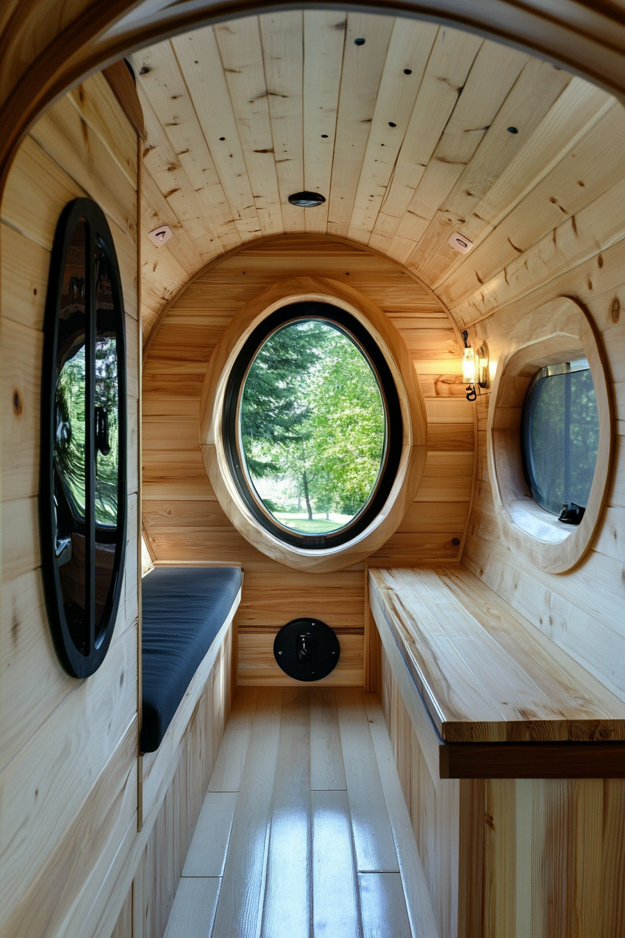 Sprinter 170 interior. Cedar-lined walls, black hardware, Mountain Ridge Basecamp furnishings.