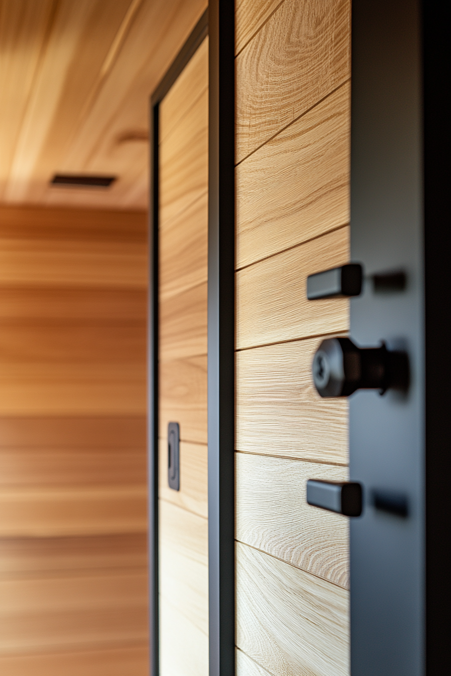Sprinter 170 interior. Cedar-lined walls, black hardware, Mountain Ridge Basecamp.
