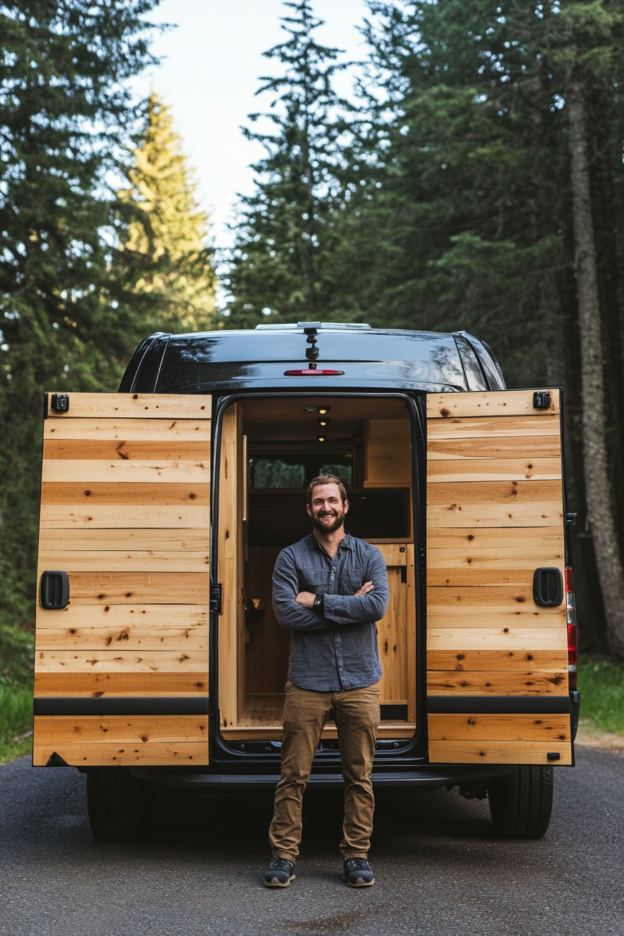 Sprinter 170. Cedar-lined walls, black hardware, mountain ridge basecamp interior.