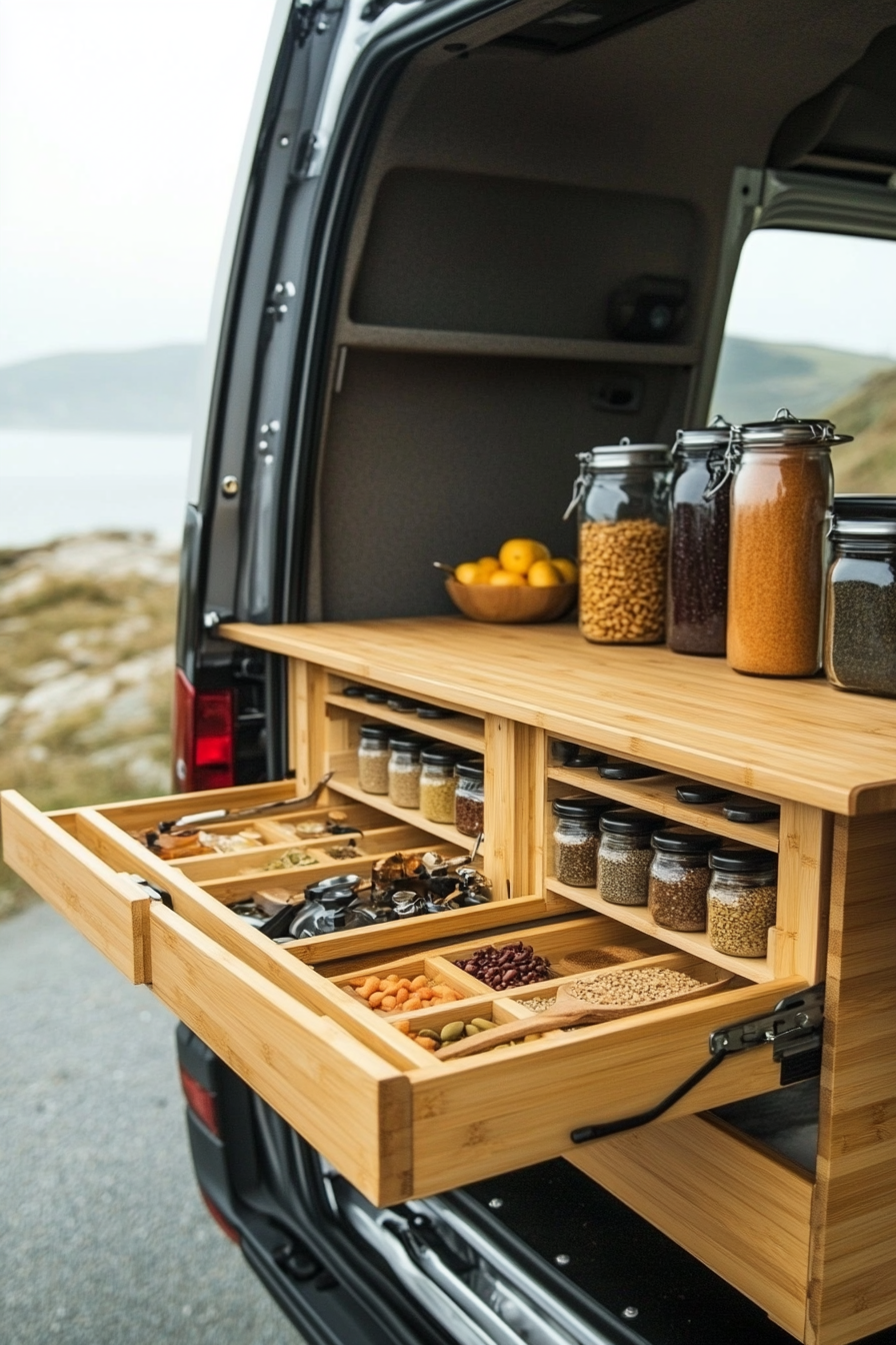 Mercedes Sprinter interior. Fold-down bamboo counter with vertical spice rack near seaside.