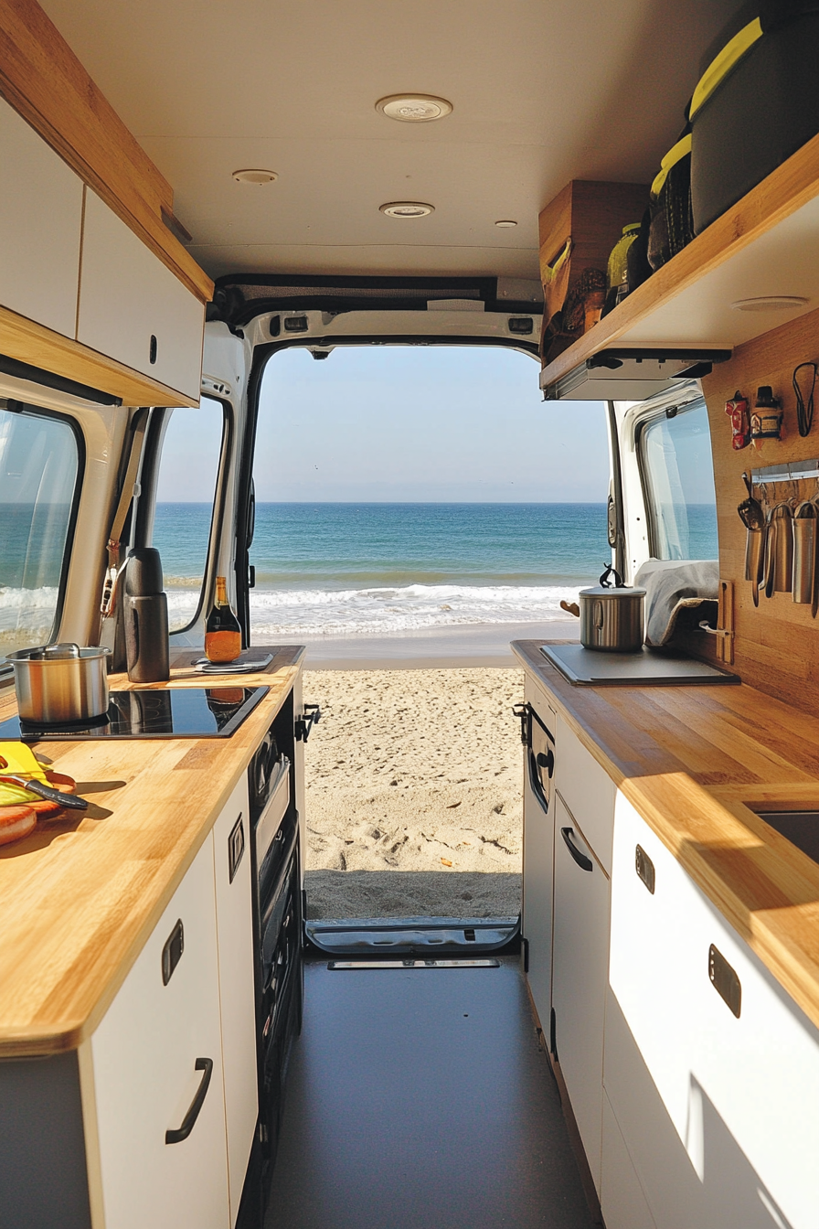 Mercedes Sprinter interior. Fold-down Bamboo counters with a beachside cooking setup.