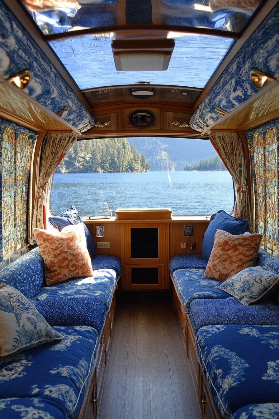Airstream Classic interior. Shoji Screen dividers, floor cushions, blue upholstery, lakeside view.