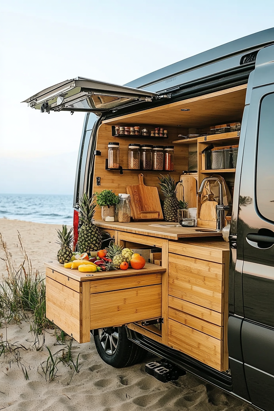Mercedes Sprinter. Beachside cooking with fold-down bamboo counters and vertical spice racks.