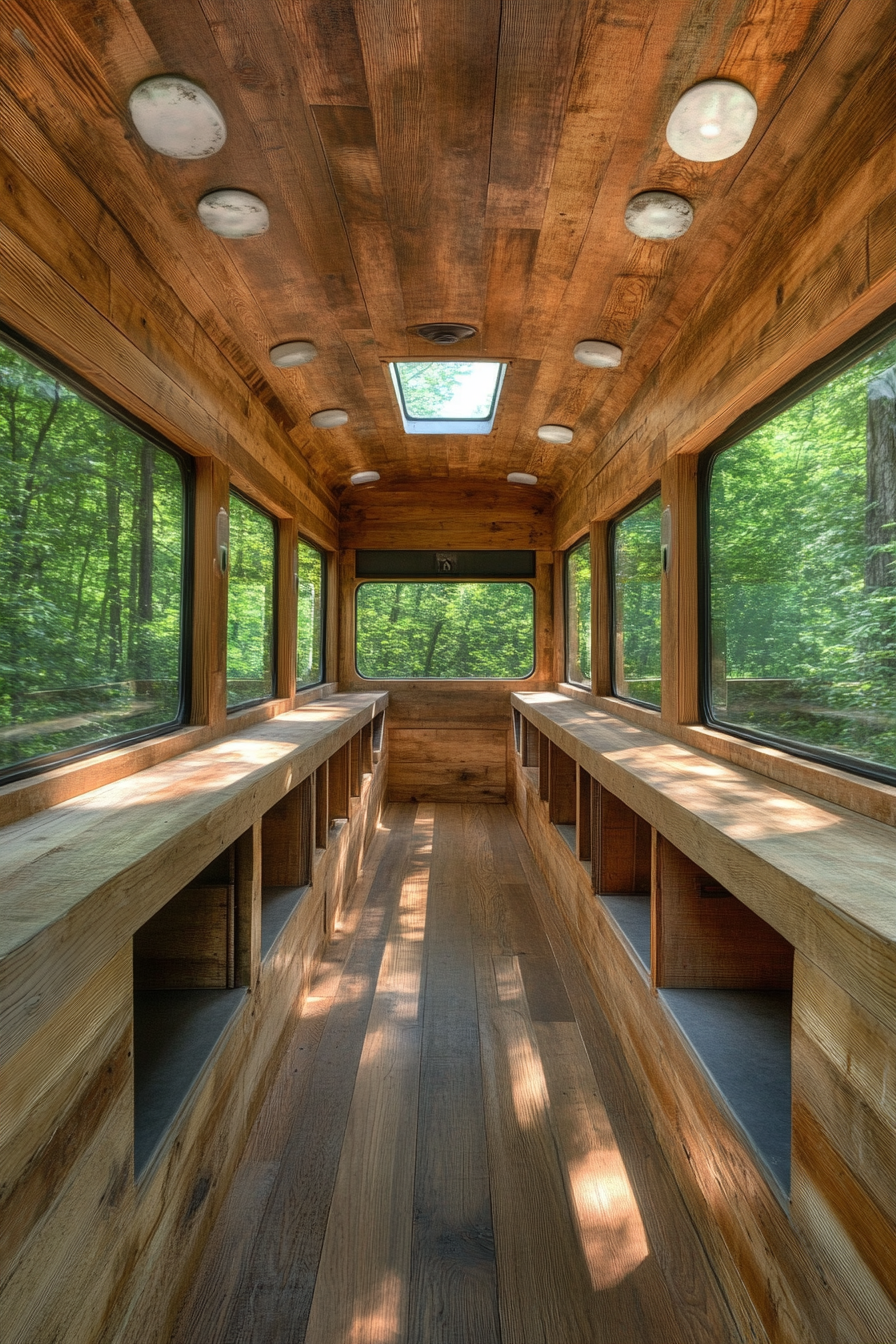 Short Bus Interior. Reclaimed oak paneling, steel fixtures, against backdrop of dense green forest.
