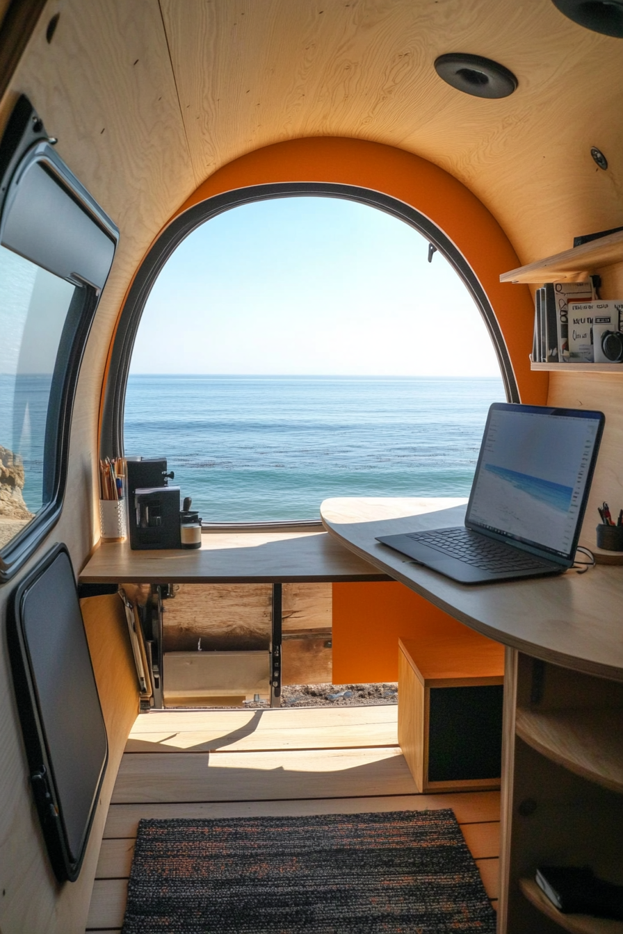 Teardrop trailer office. Expandable sides, built-in standing desk, looking at an ocean.