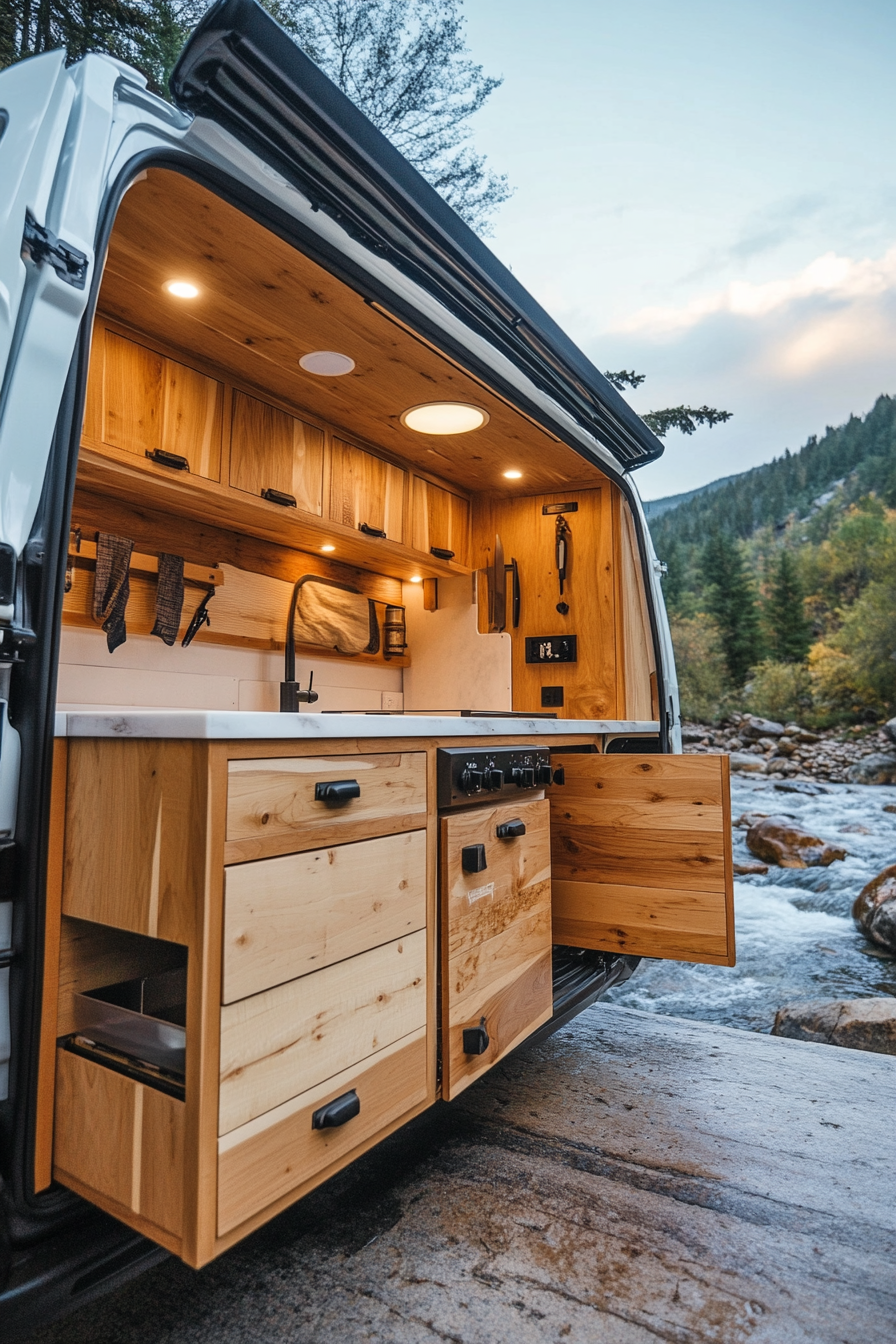 Dodge Ram Van customization. White oak cabinetry installed with hidden pulls, beside a mountain stream camp.