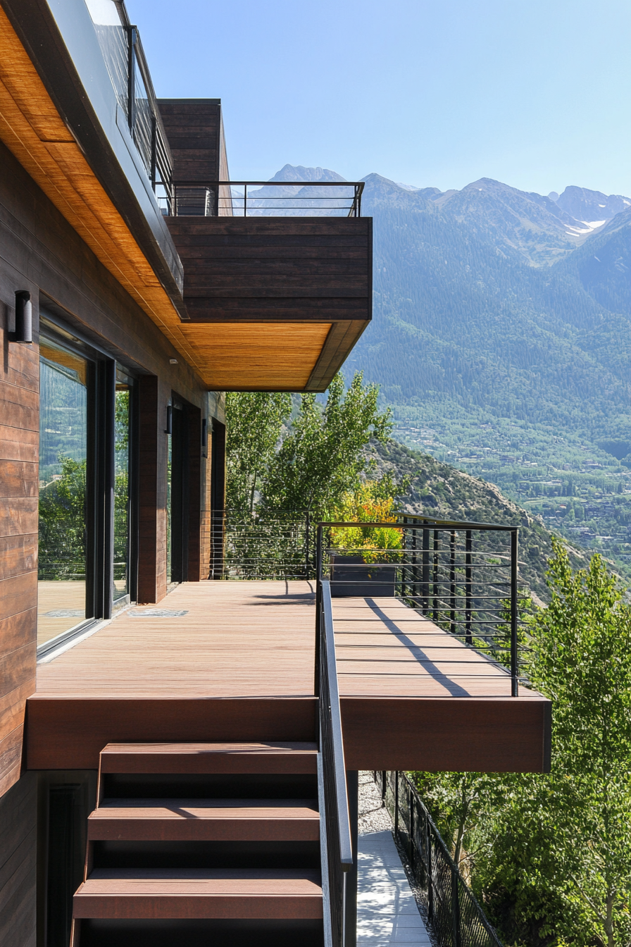 Split-Level Design. Robust wooden staircase, leading to rooftop deck with mountain panoramic vista.