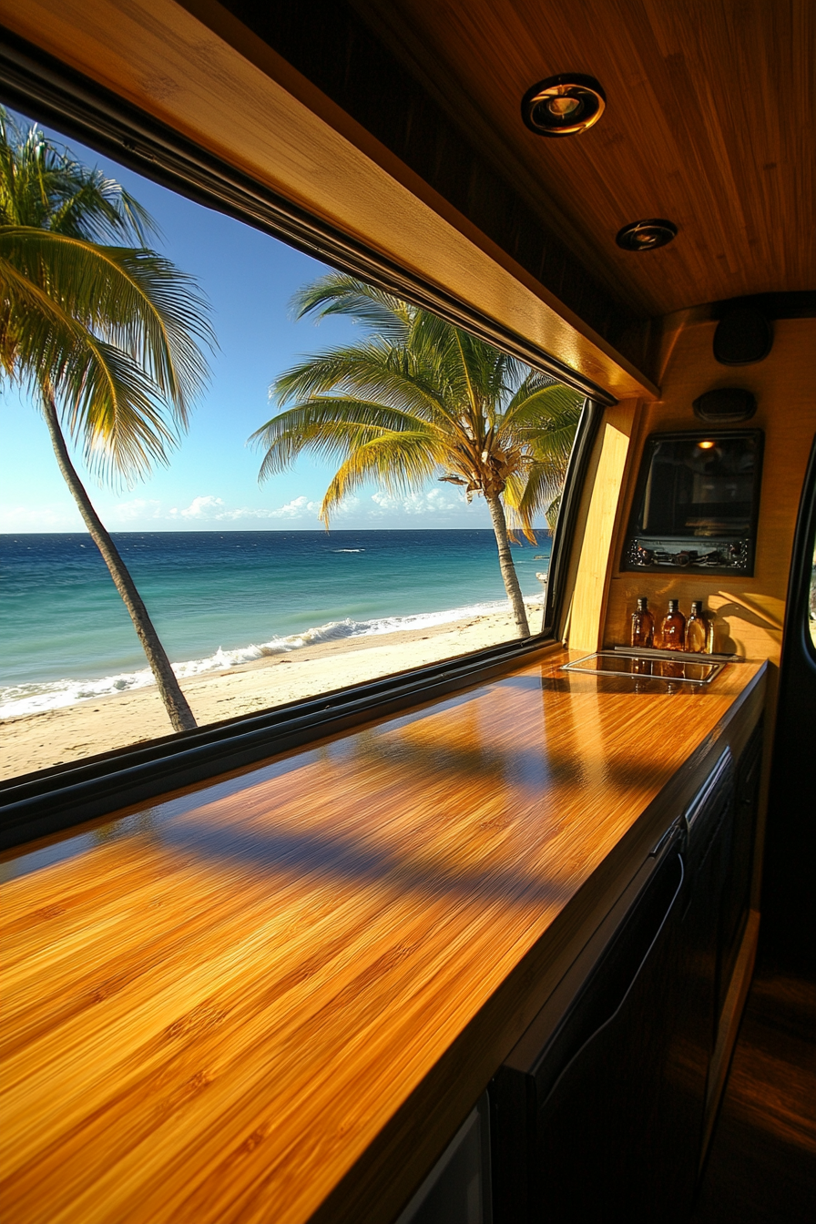 Mercedes Sprinter interior. Fold-down bamboo counters with beachside view.