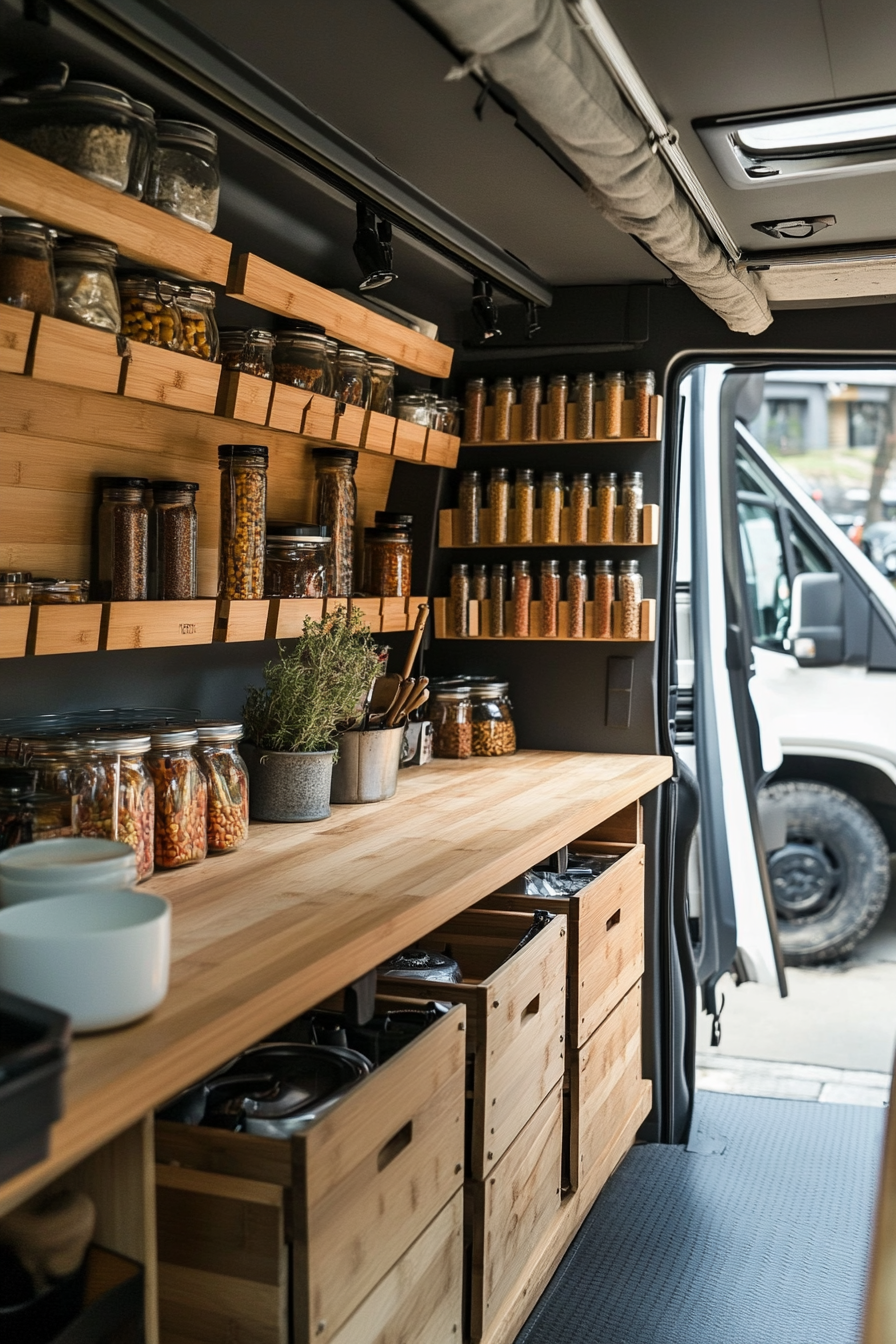 Mercedes Sprinter interior. Fold-down bamboo counters beside vertical spice racks.