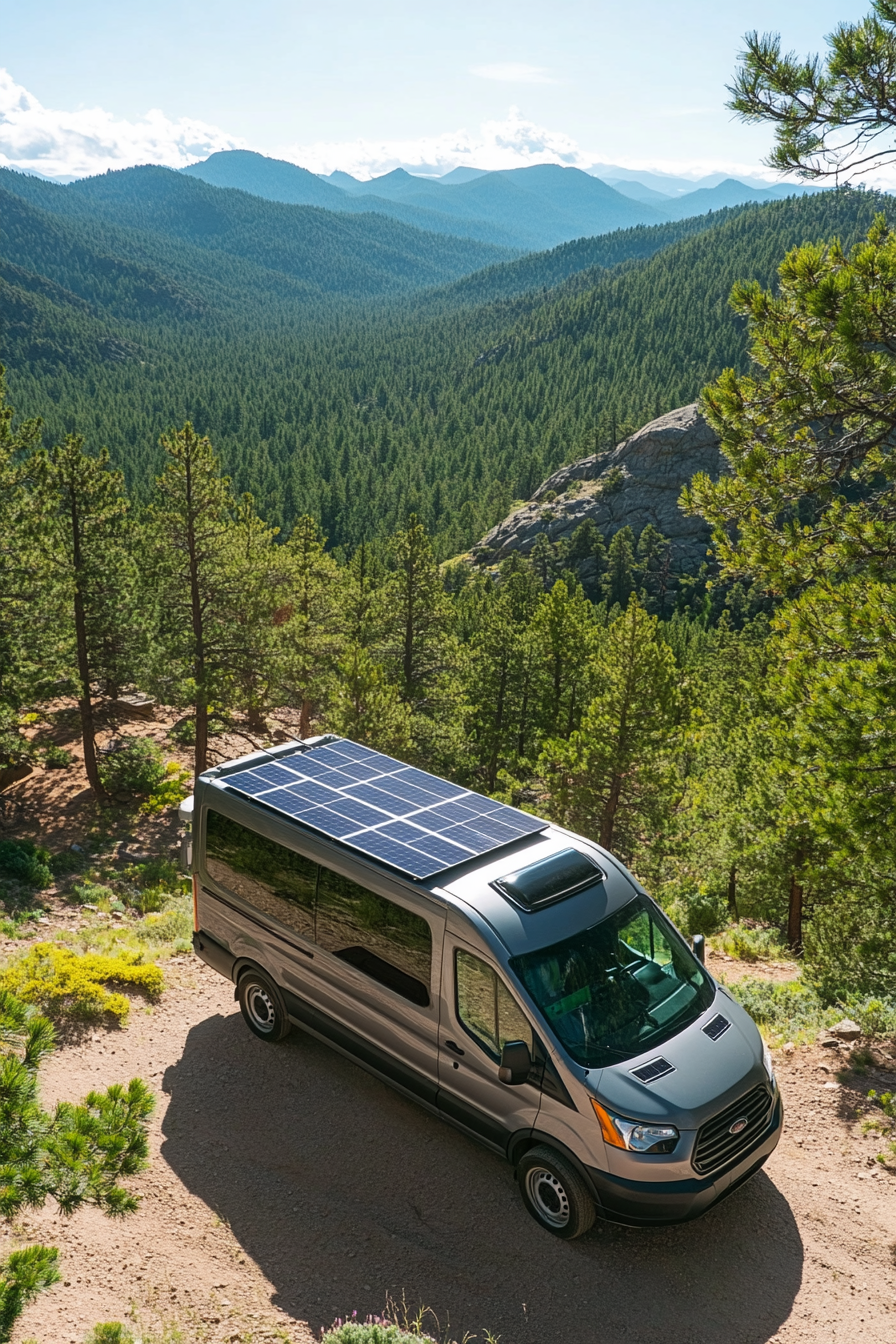 Transit Connect. Solar panel array on rooftop, parked next to a forested national park.