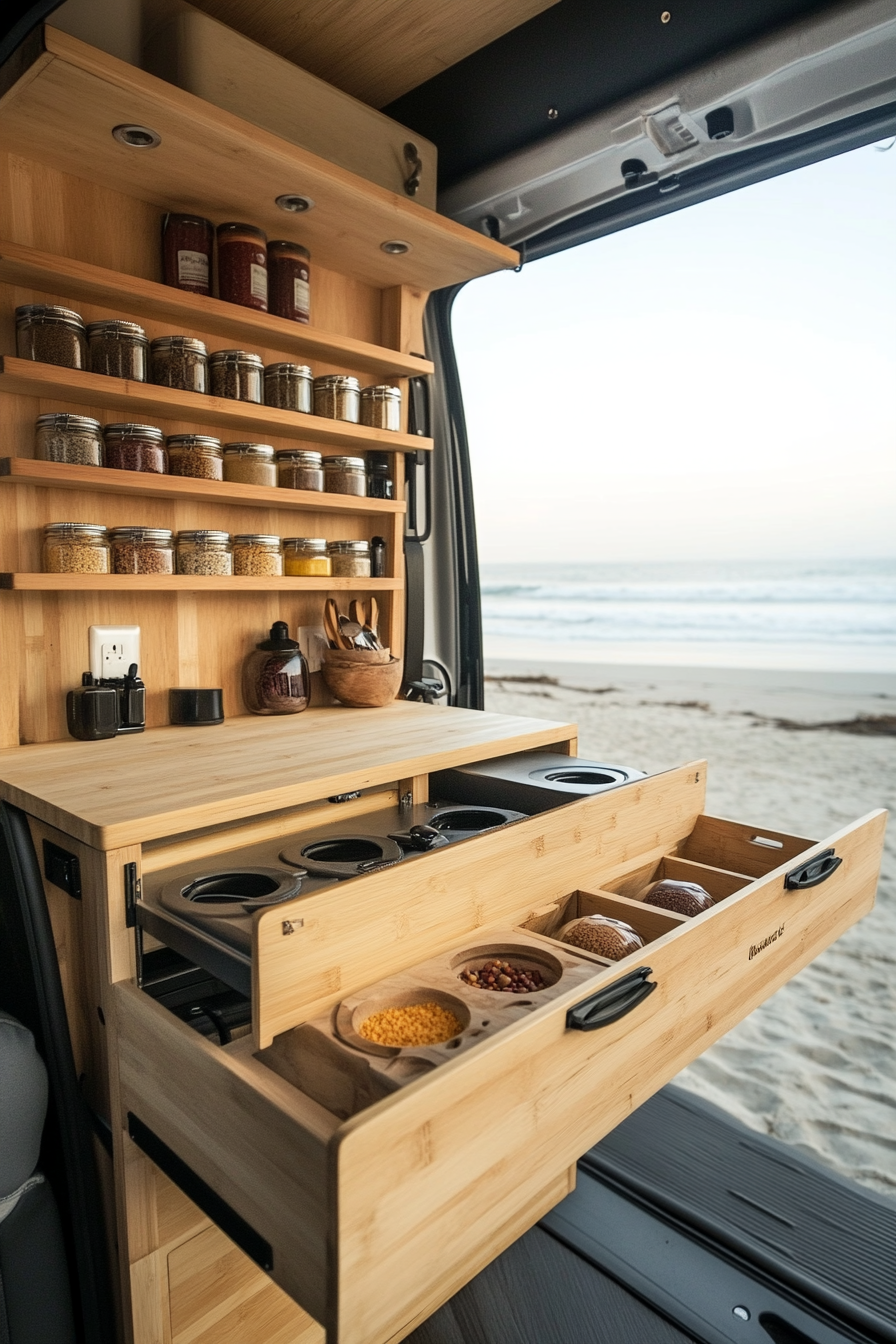 Mercedes Sprinter interior. Fold-down bamboo counter and wall-mounted vertical spice rack, parked beachside.