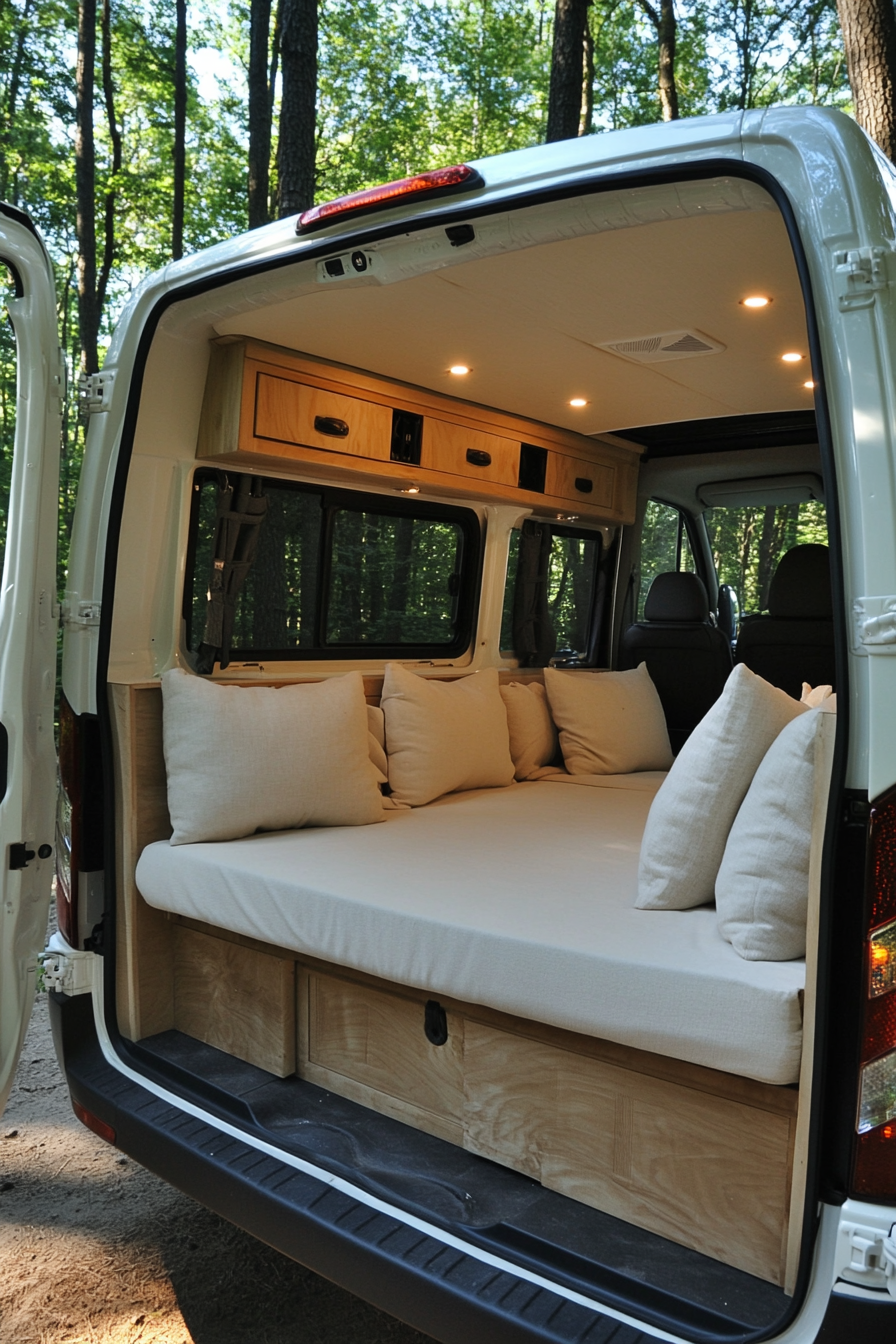 Convertible bed-to-lounge in Ford Transit. Cream woven textiles, pine forest surroundings.