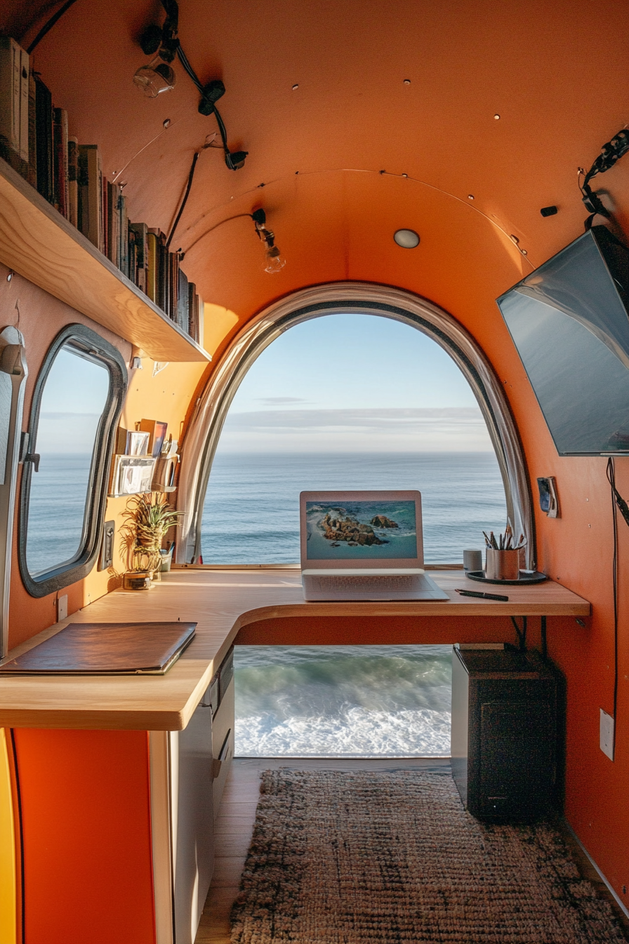 Teardrop trailer office. Standing desk overlooking an ocean view.