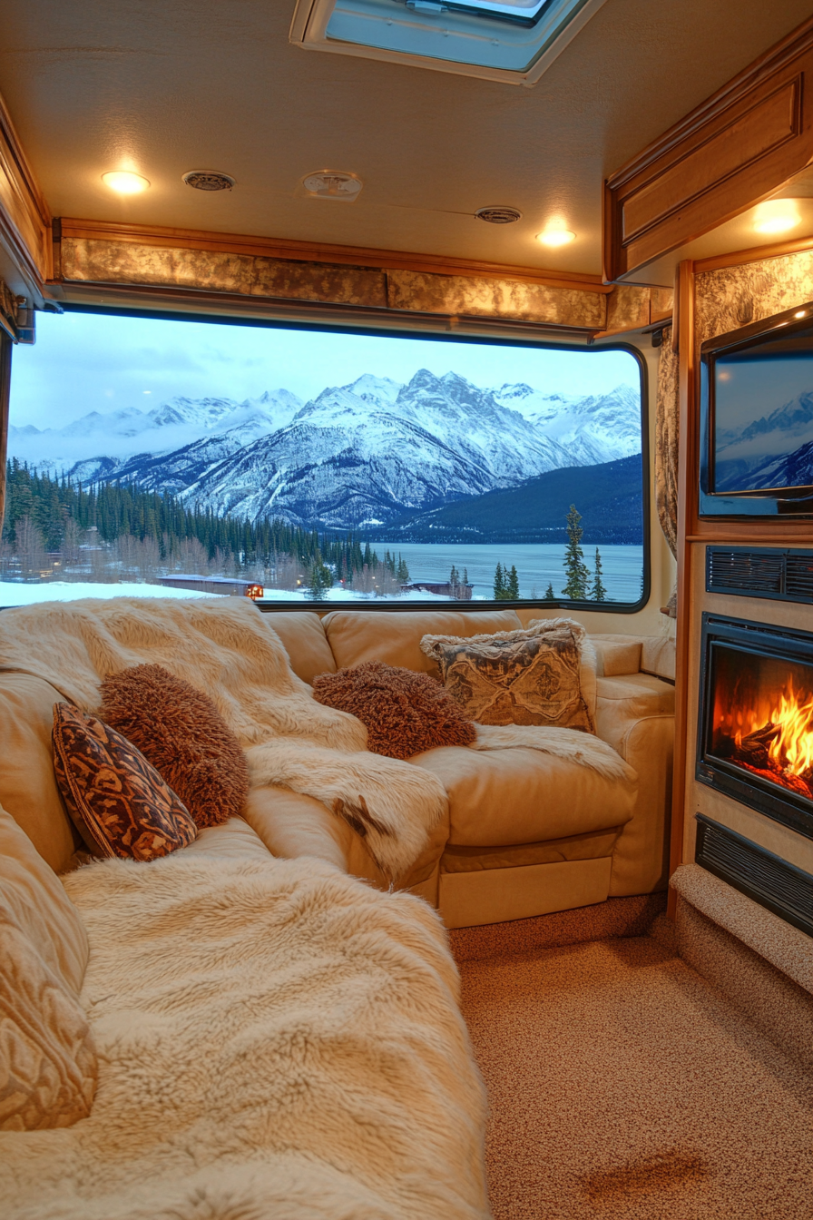 Fifth Wheel Interior. Panoramic window lounge, fireplace, view of snow-capped peaks.