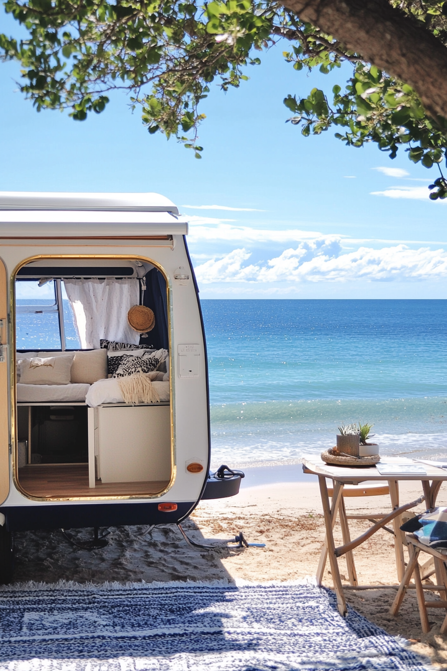 Travel trailer. Navy & white brass-finished interior, parked in front of beach.