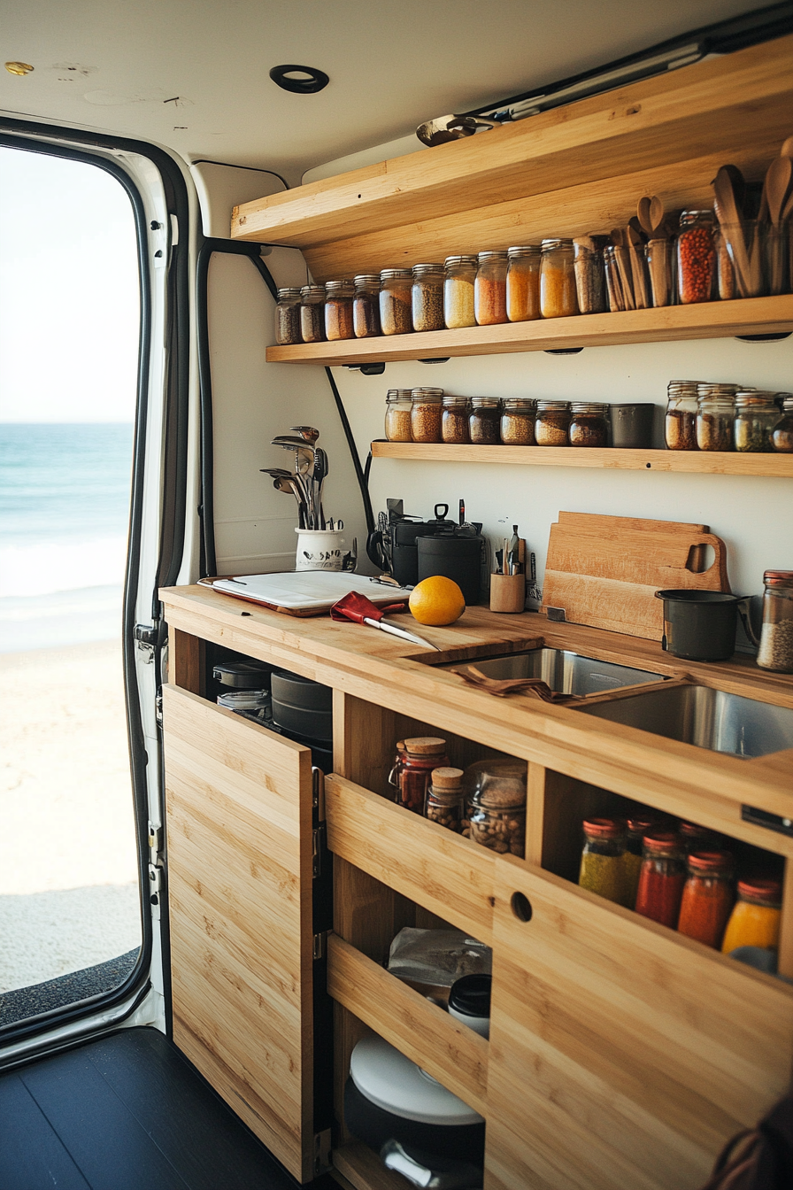 Mercedes Sprinter. Fold-down bamboo counters, vertical spice racks, beachside cooking setup.