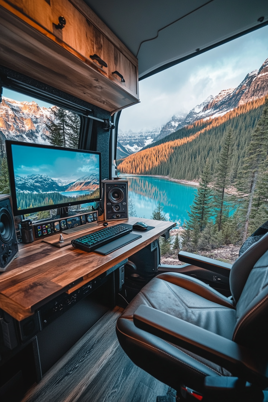 Sprinter van setup. L-shaped desk, dual monitors, alpine lake view through sliding glass door.