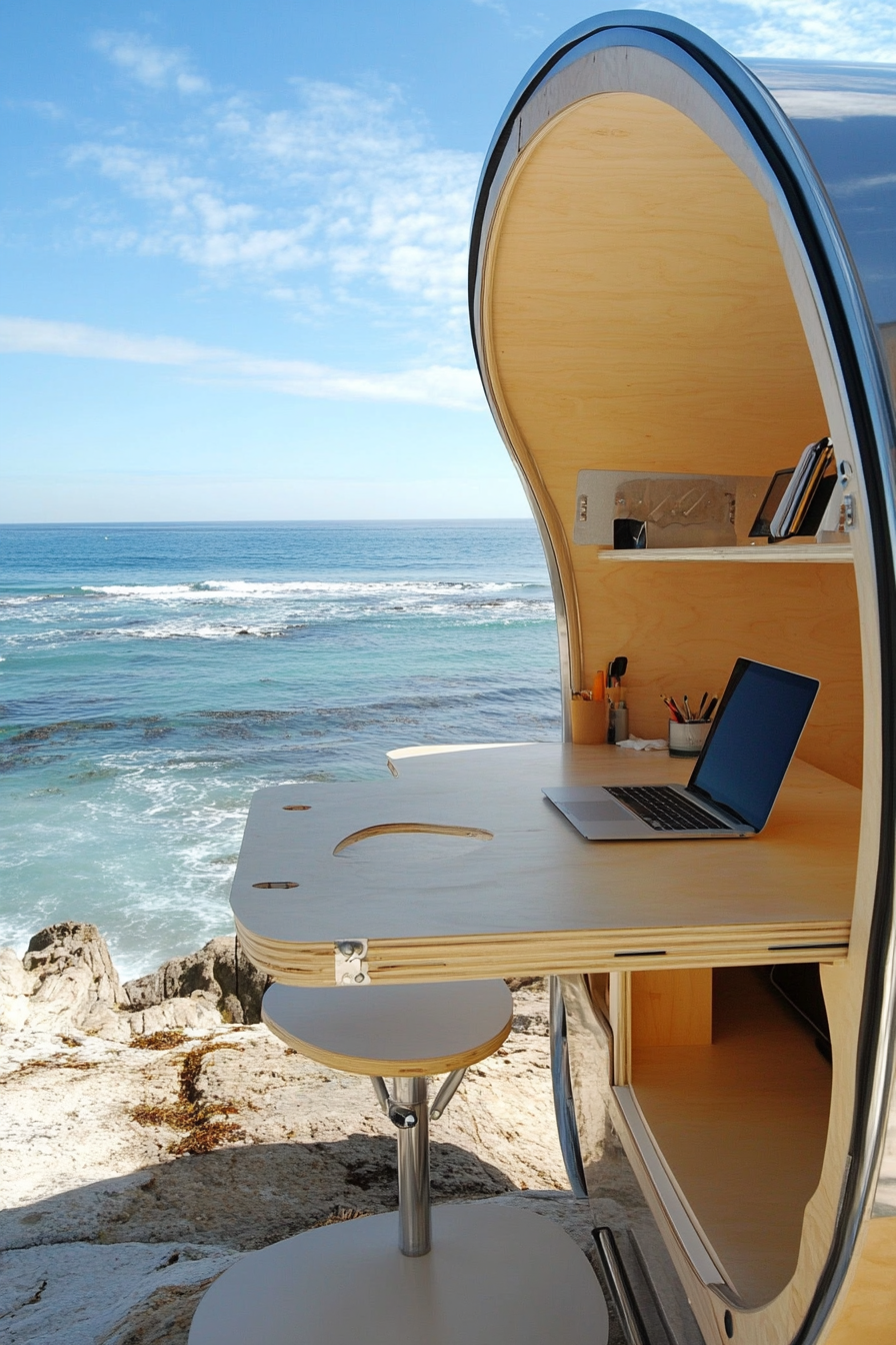 Teardrop trailer office. Expandable side, built-in standing desk, overlooking ocean.