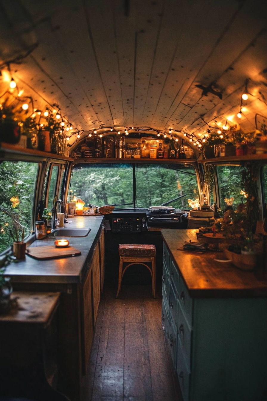 Short Bus. Birch-panelled interior, twinkling fairy lights, weathered steel countertops against forest backdrop.
