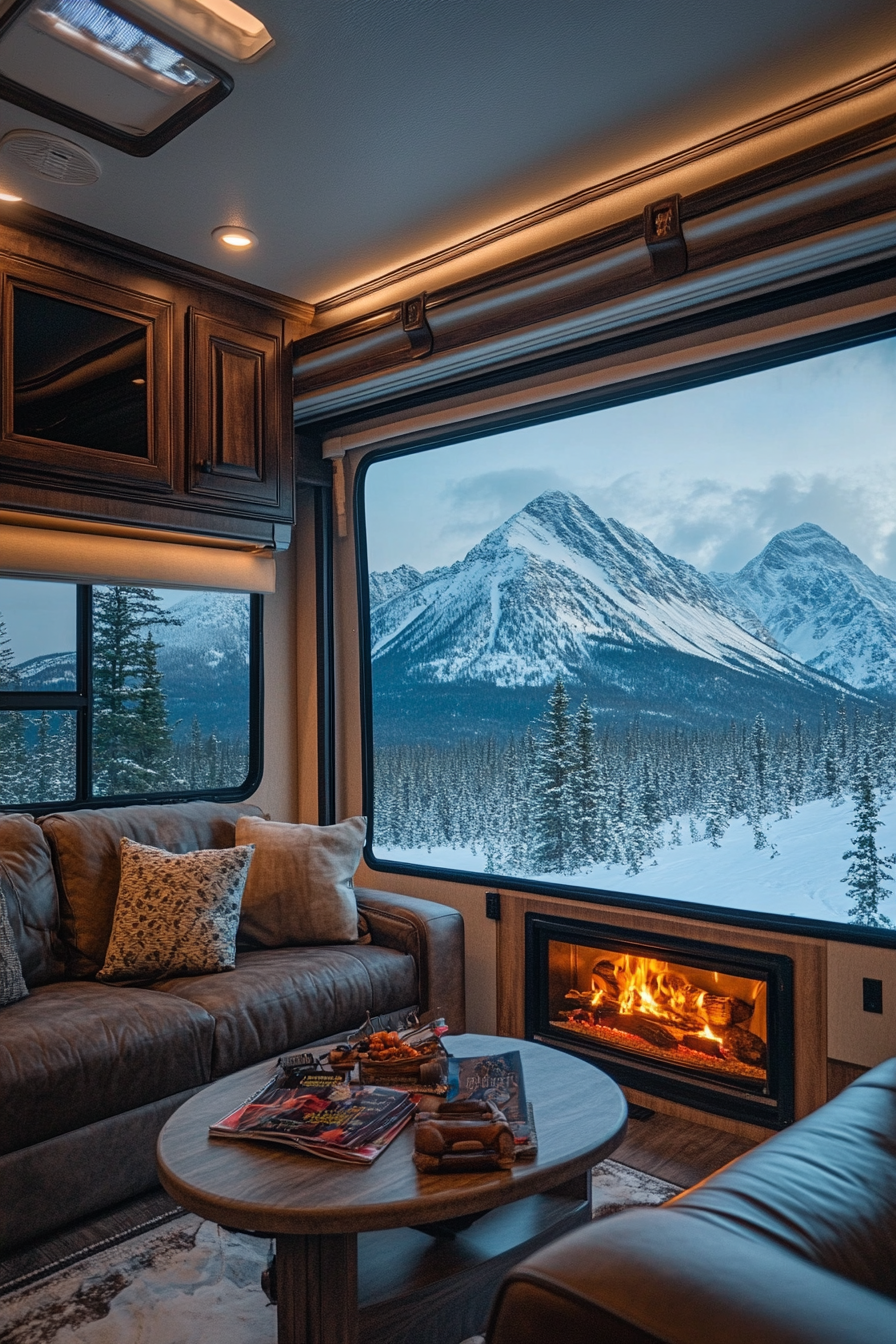 Fifth Wheel interior. Lounge, fireplace view of snow-capped peaks through panoramic window.