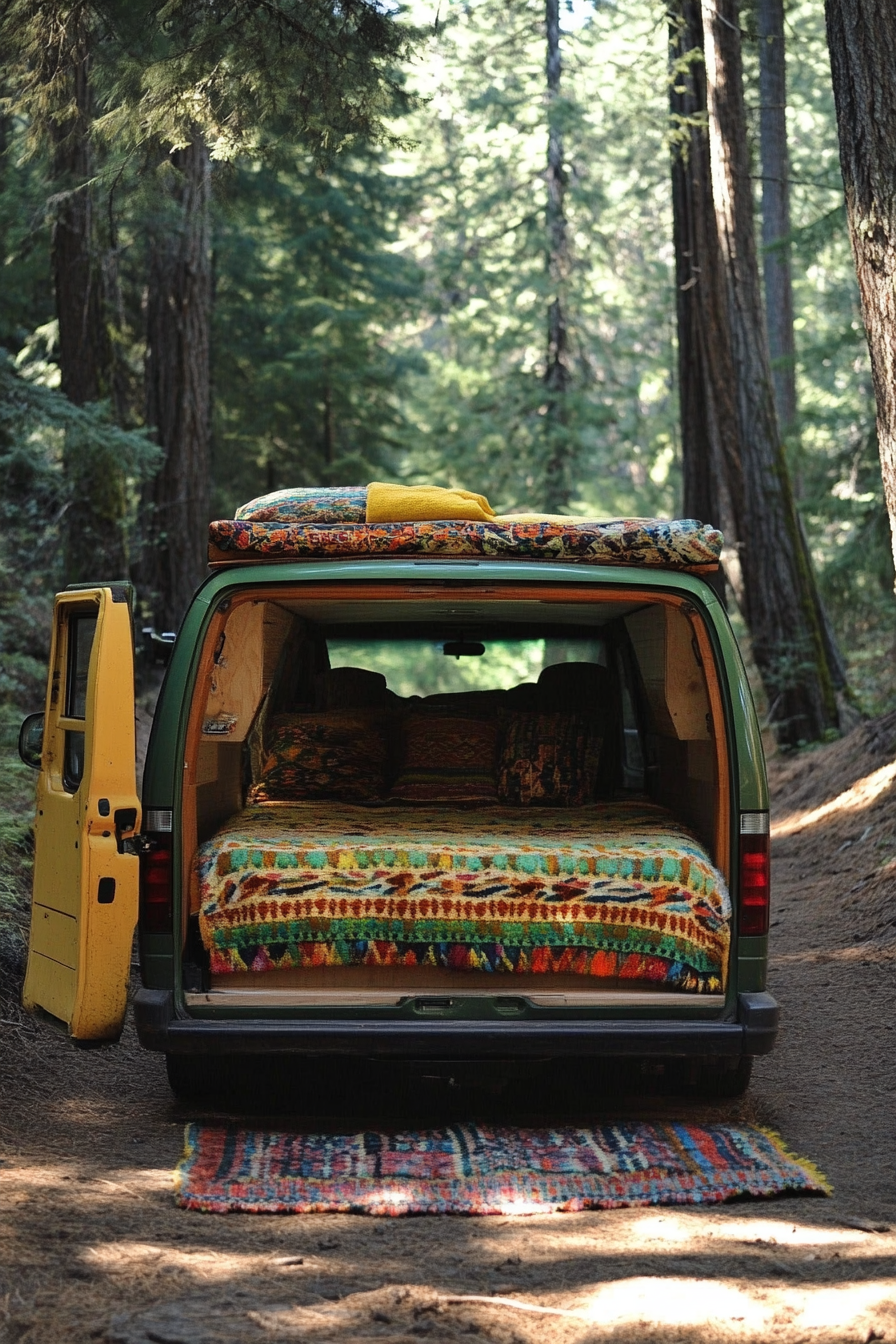 Ford Transit conversion. Convertible bed-to-lounge, woven textiles, surrounded by towering pines.