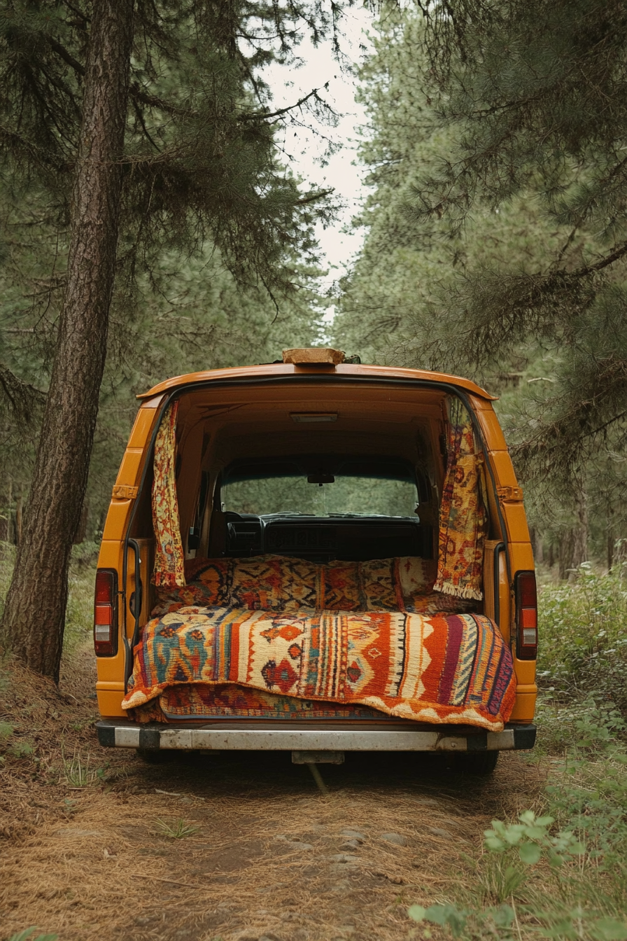 Ford Transit conversion. Convertible bed-to-lounge cloaked in woven textiles midst pine tress.