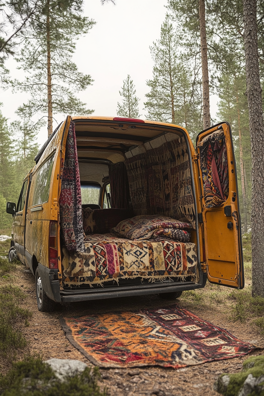 Ford Transit conversion. Convertible bed-to-lounge, woven textiles, surrounded by pine forest.