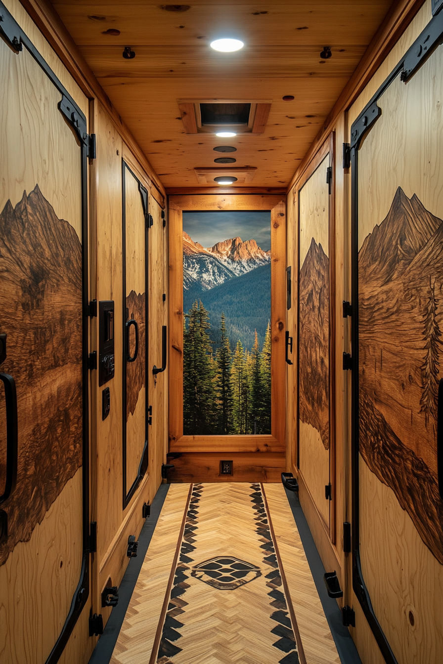 Sprinter 170. Cedar-lined walls flanked by Mountain Ridge imagery, inlaid with black iron hardware.